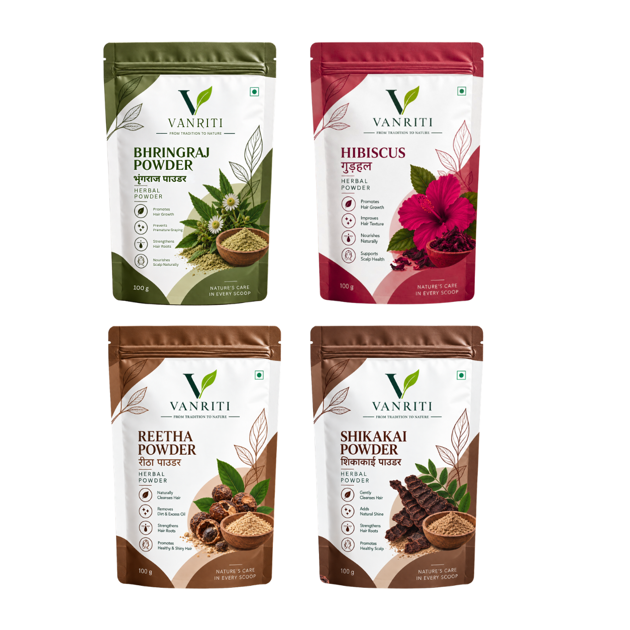 VANRITI Bhringraj, Hibiscus, Reetha and Shikakai Powder for Hair Cleansing & Hair Mask, 400g (Combo Pack of 4)