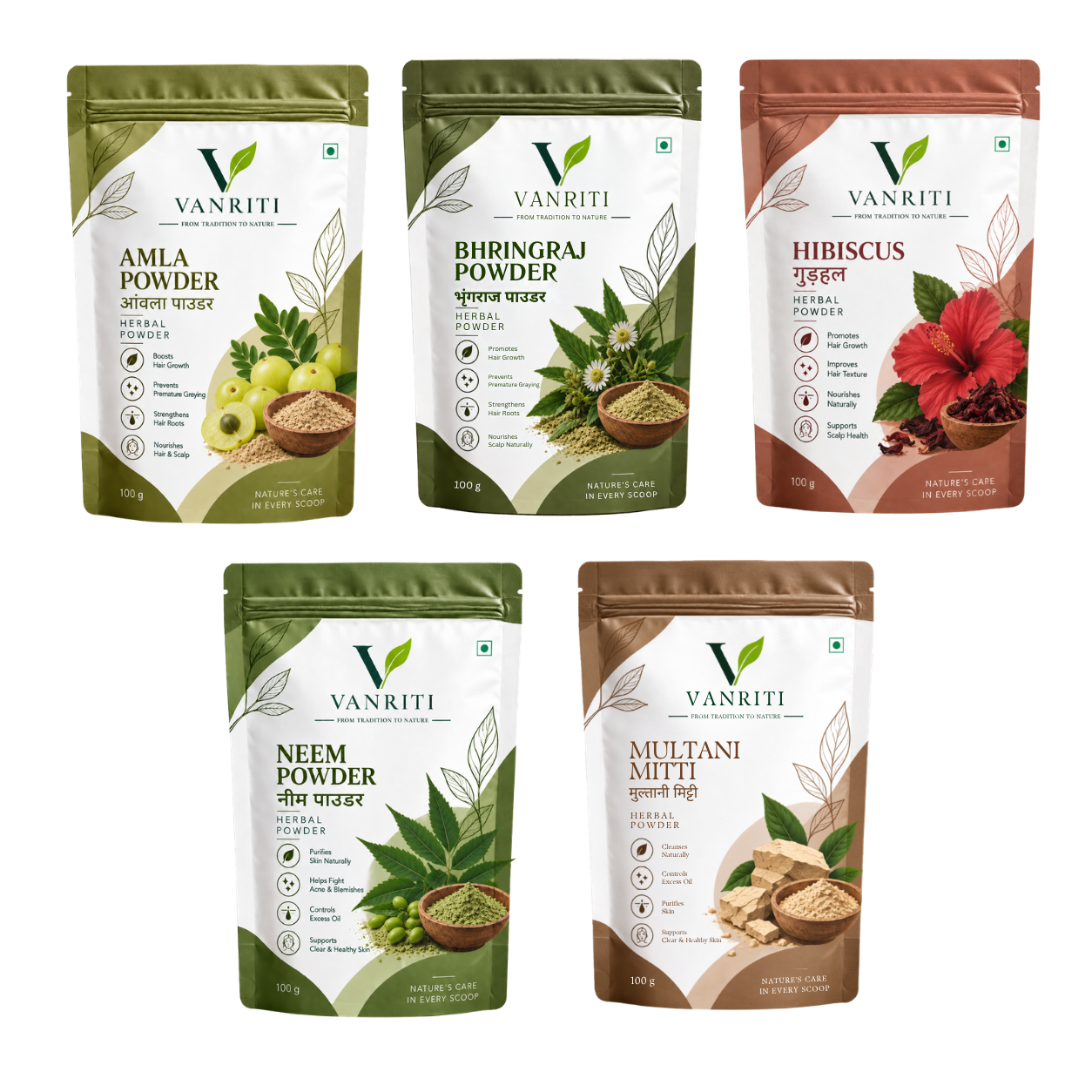 VANRITI Amla, Bhringraj, Hibiscus, Neem and Multani Mitti Powder for Hair & Skin Beauty Ritual, 500g (Combo Pack of 5)