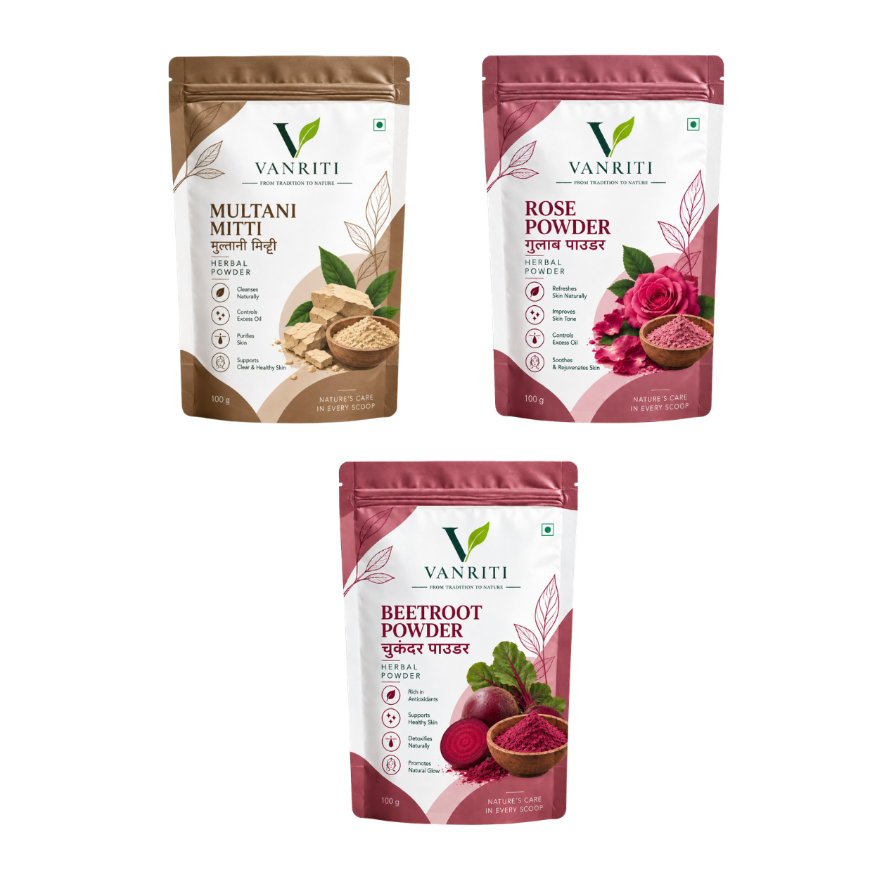 VANRITI Multani Mitti, Rose and Beetroot Powder for Face Pack & Skin Care, 300g (Combo Pack of 3)