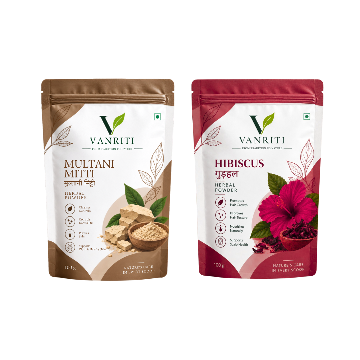 VANRITI Multani Mitti and Hibiscus Powder for Face Pack & Skin Care, 200g (Combo Pack of 2)