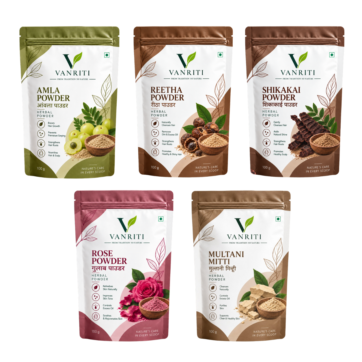VANRITI Amla, Reetha, Shikakai, Rose and Multani Mitti Powder for Hair Cleansing & Hair Mask, 500g (Combo Pack of 5)