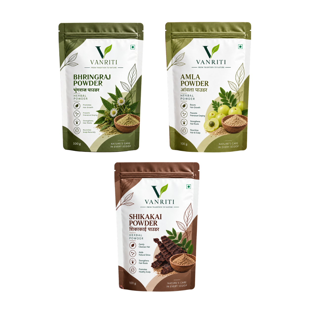 VANRITI Amla, Bhringraj and Shikakai Powder for Hair Cleansing & Hair Mask, 300g (Combo Pack of 3)