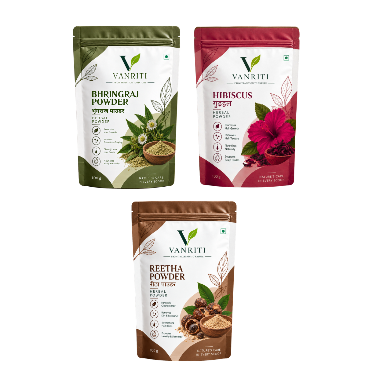 VANRITI Bhringraj, Hibiscus and Reetha Powder for Hair Cleansing & Hair Mask, 300g (Combo Pack of 3)