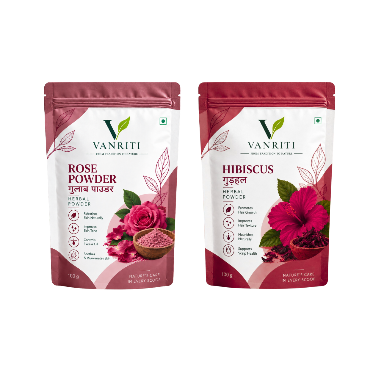 VANRITI Rose and Hibiscus Powder for Face Pack & Skin Care, 200g (Combo Pack of 2)