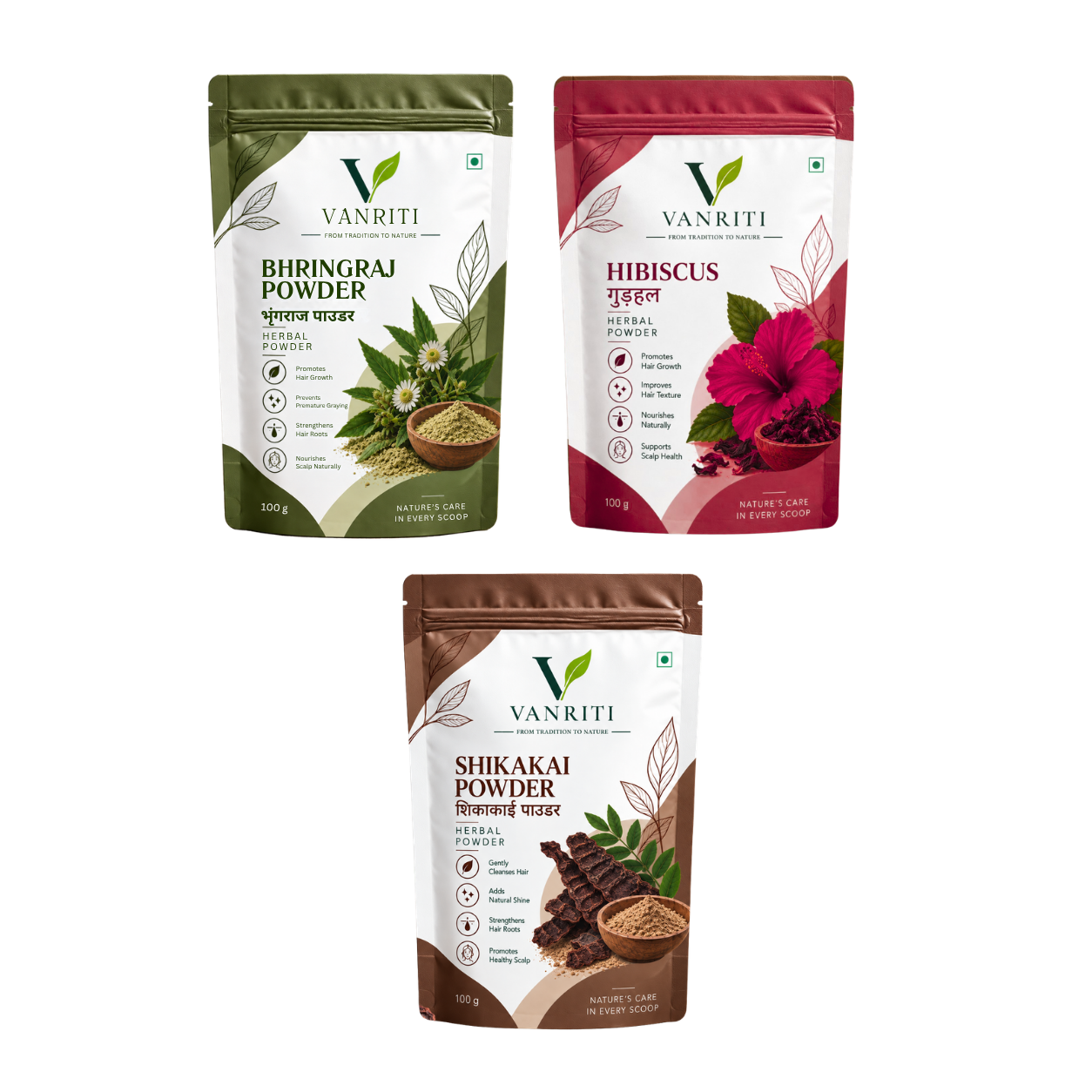 VANRITI Bhringraj, Hibiscus and Shikakai Powder for Hair Cleansing & Hair Mask, 300g (Combo Pack of 3)