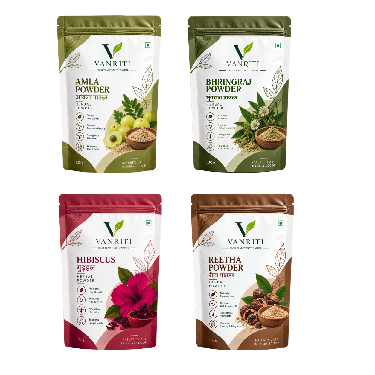 VANRITI Amla, Bhringraj, Hibiscus and Reetha Powder for Hair Cleansing & Hair Mask, 400g (Combo Pack of 4)