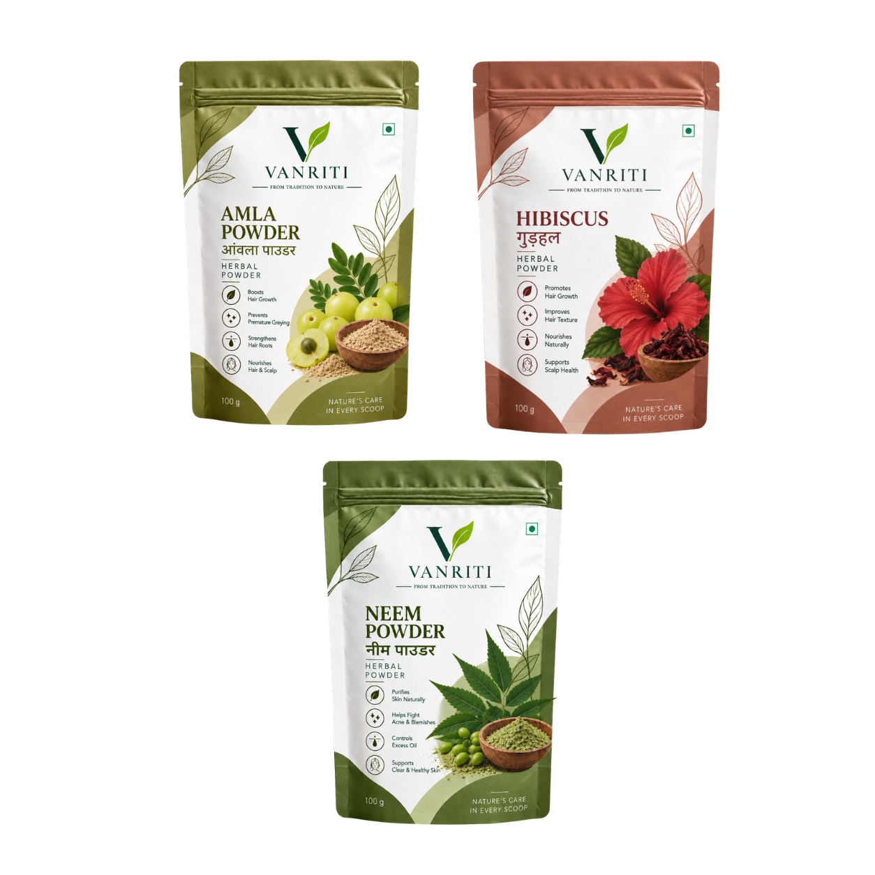 VANRITI Amla, Hibiscus and Neem Powder for Hair & Skin Beauty Ritual, 300g (Combo Pack of 3)