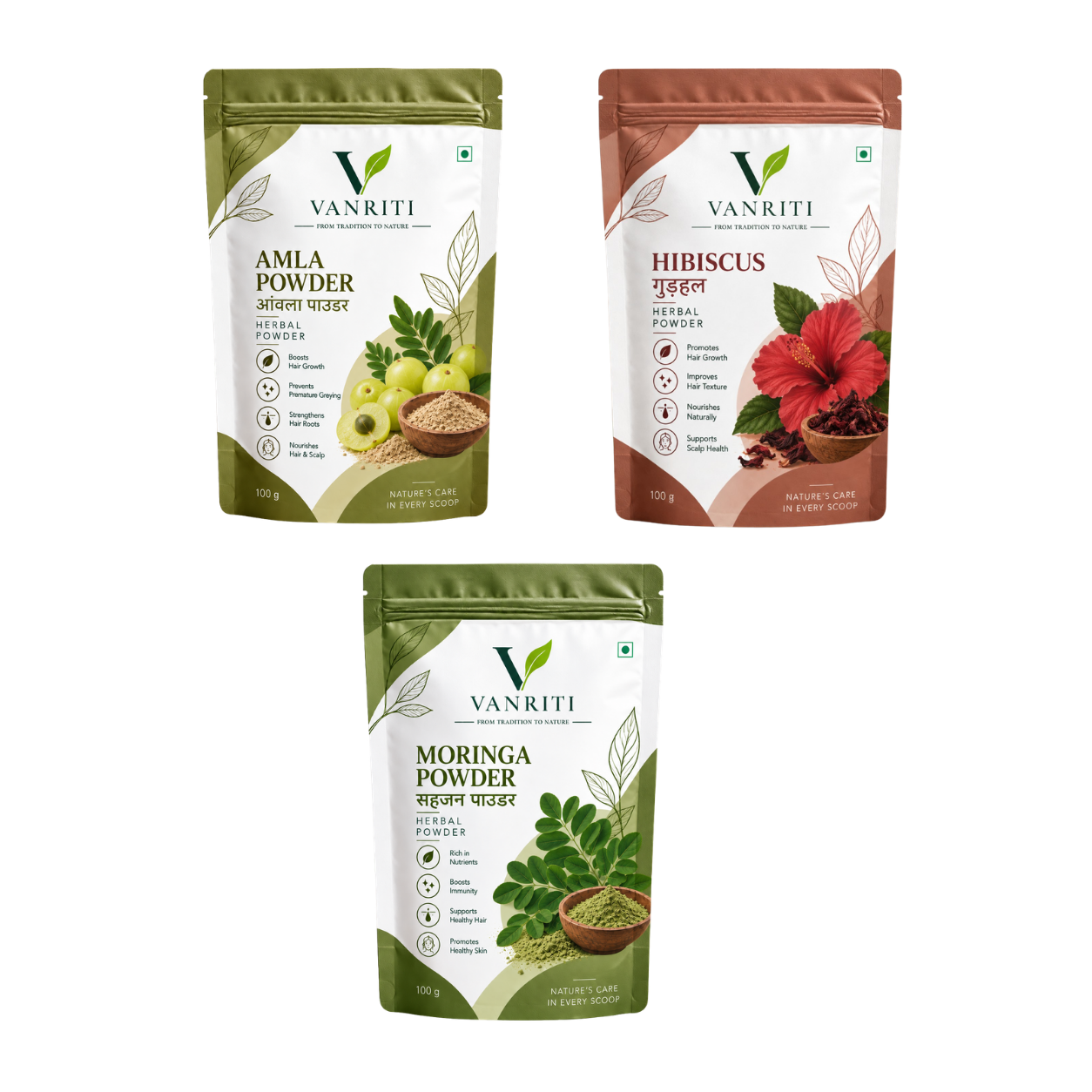 VANRITI Moringa, Amla & Hibiscus Food-Grade Powder Combo for Daily Wellness, 300g | Pack of 3