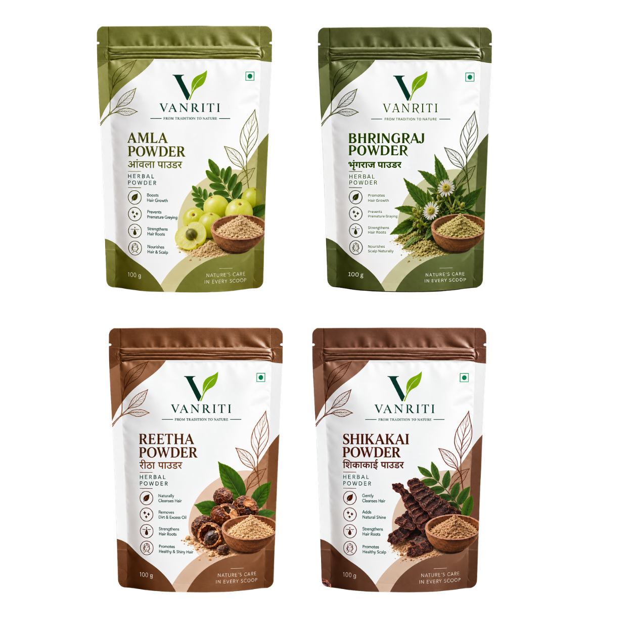 VANRITI Amla, Bhringraj, Reetha and Shikakai Powder for Hair Cleansing & Hair Mask, 400g (Combo Pack of 4)