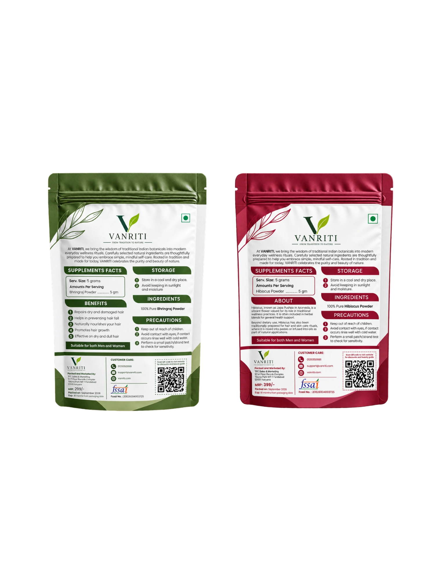 VANRITI Bhringraj and Hibiscus Powder for Hair Mask & Hair Care Routine, 200g (Combo Pack of 2)
