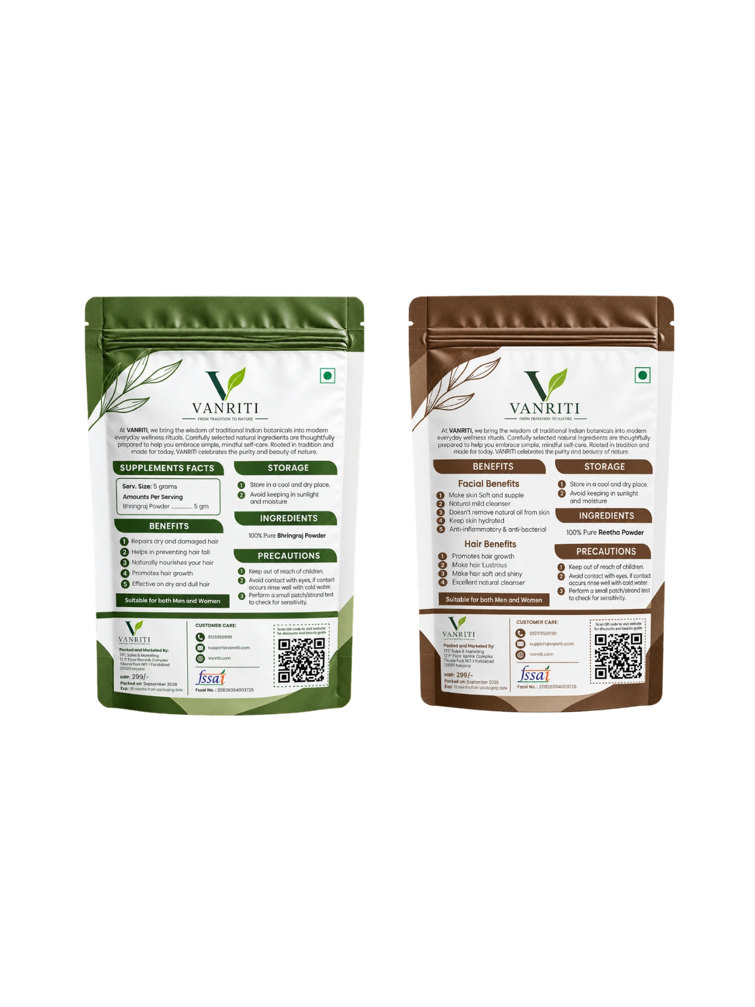 VANRITI Bhringraj and Reetha Powder for Hair Cleansing & Hair Mask, 200g (Combo Pack of 2)