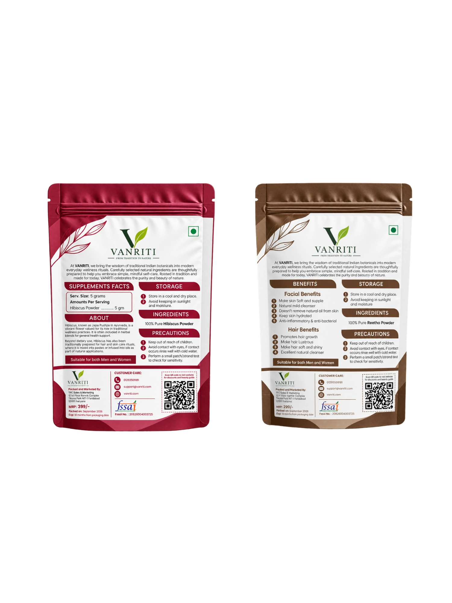 VANRITI Hibiscus and Reetha Powder for Hair Cleansing & Hair Mask, 200g (Combo Pack of 2)