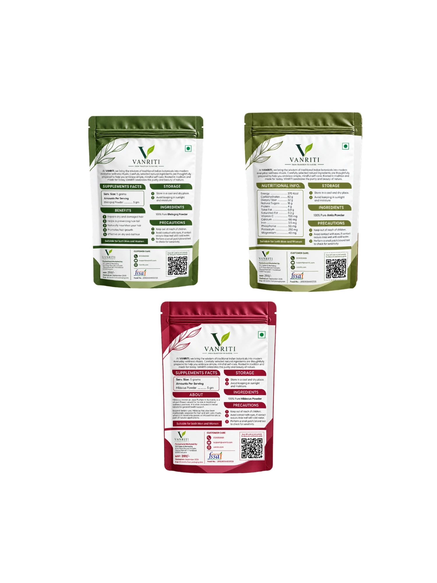 VANRITI Amla, Bhringraj and Hibiscus Powder for Hair Mask & Hair Care Routine, 300g (Combo Pack of 3)