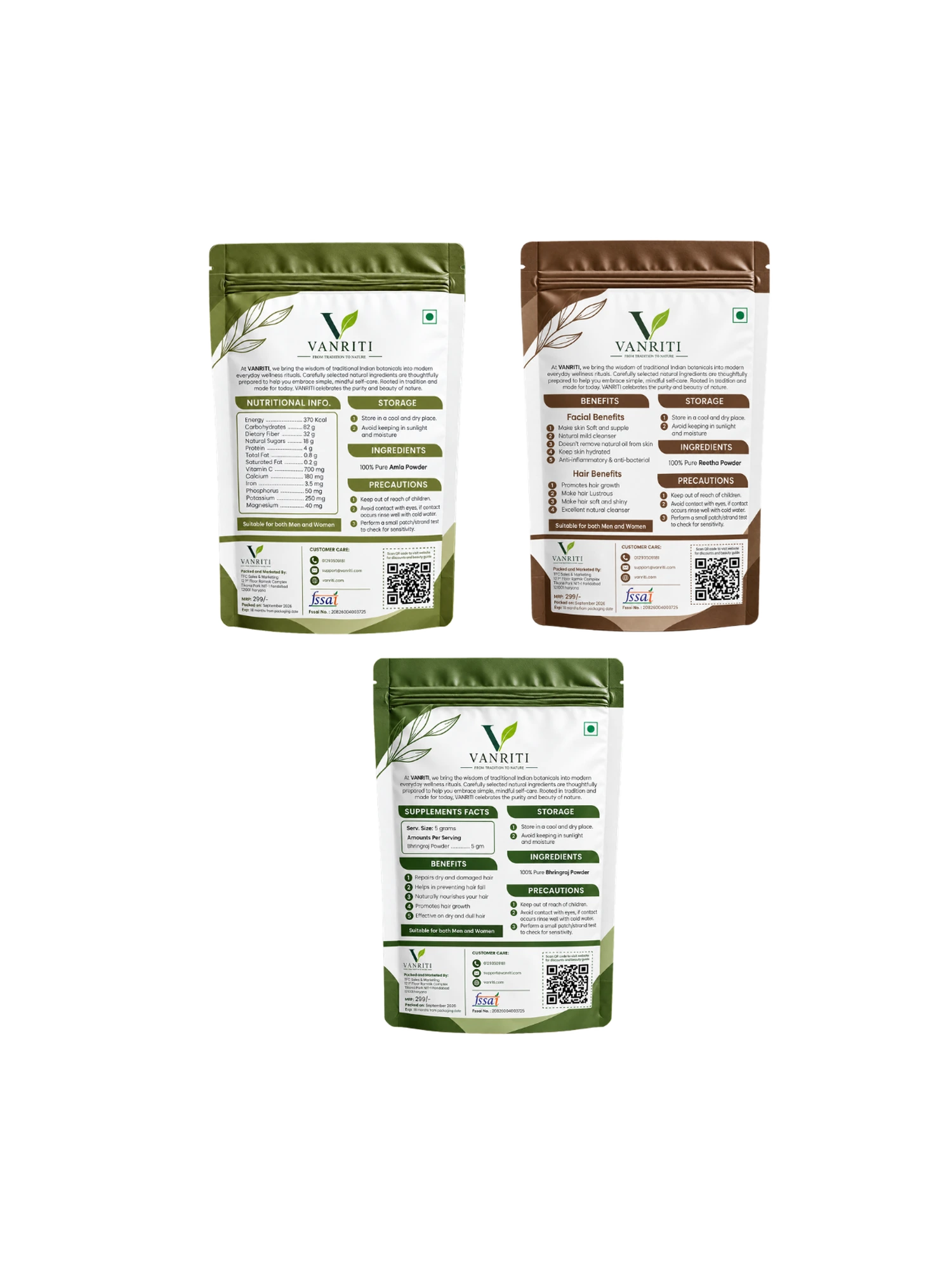 VANRITI Amla, Bhringraj and Reetha Powder for Hair Cleansing & Hair Mask, 300g (Combo Pack of 3)