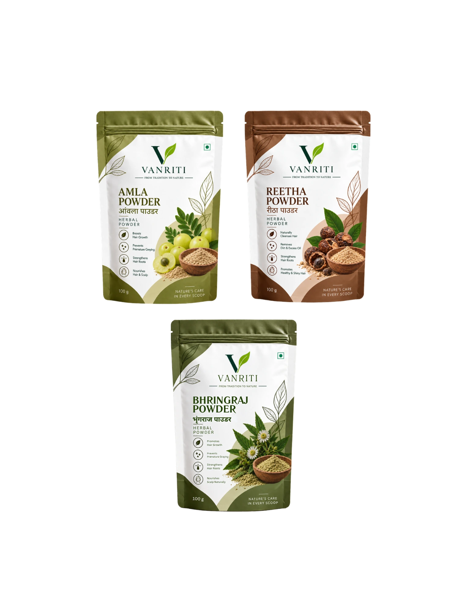 VANRITI Amla, Bhringraj and Reetha Powder for Hair Cleansing & Hair Mask, 300g (Combo Pack of 3)