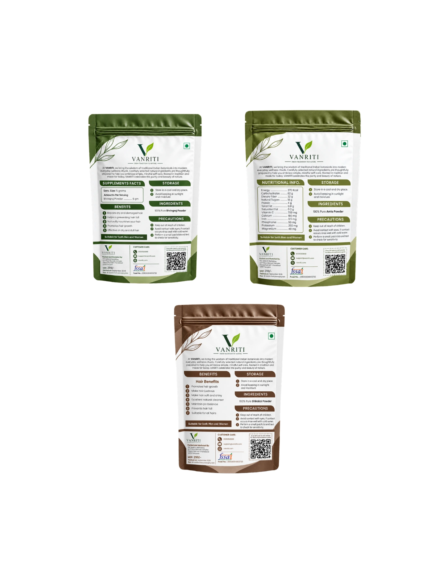 VANRITI Amla, Bhringraj and Shikakai Powder for Hair Cleansing & Hair Mask, 300g (Combo Pack of 3)