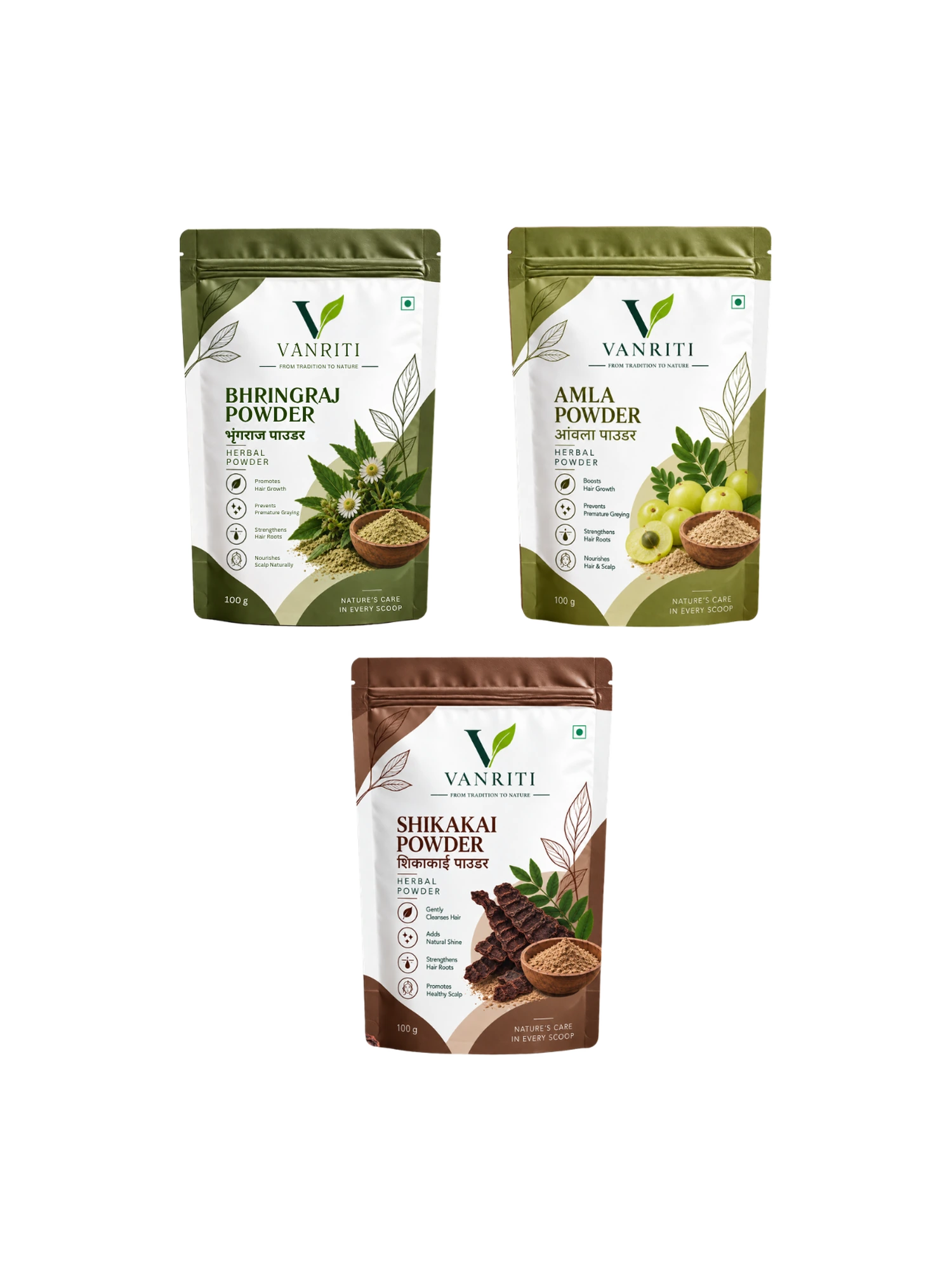 VANRITI Amla, Bhringraj and Shikakai Powder for Hair Cleansing & Hair Mask, 300g (Combo Pack of 3)