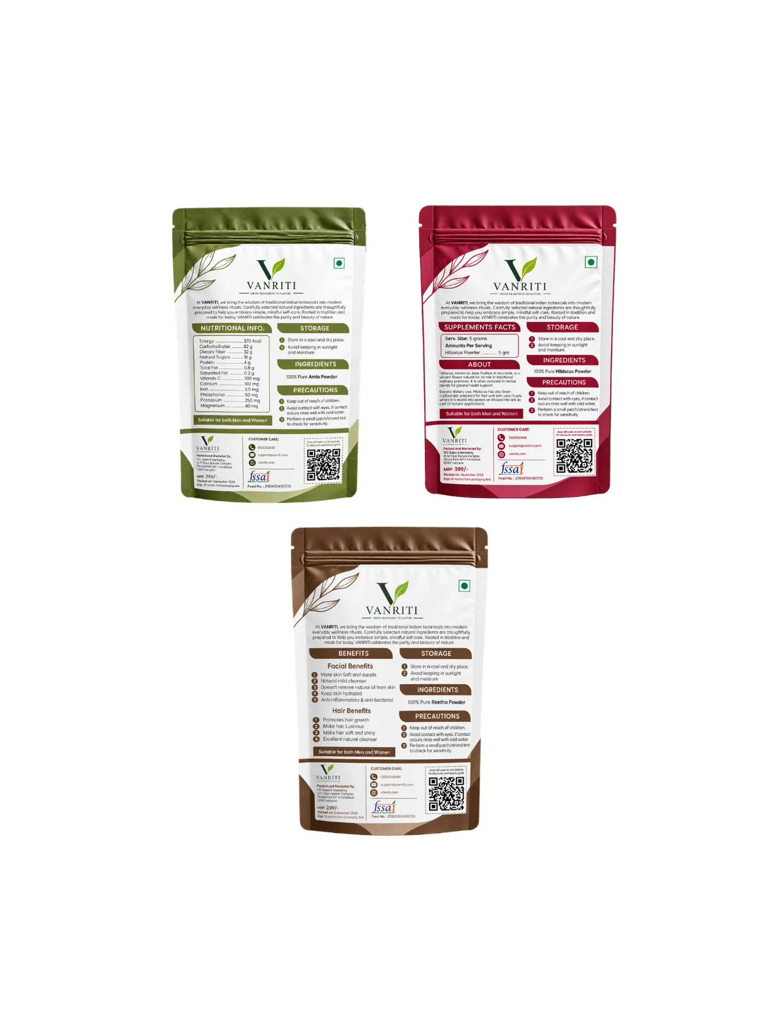 VANRITI Amla, Hibiscus and Reetha Powder for Hair Cleansing & Hair Mask, 300g (Combo Pack of 3)