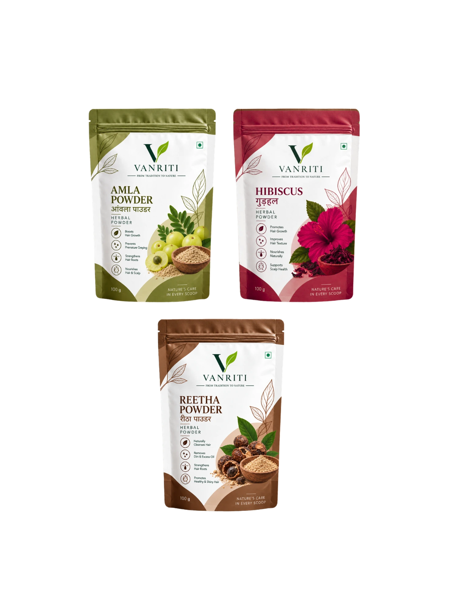 VANRITI Amla, Hibiscus and Reetha Powder for Hair Cleansing & Hair Mask, 300g (Combo Pack of 3)