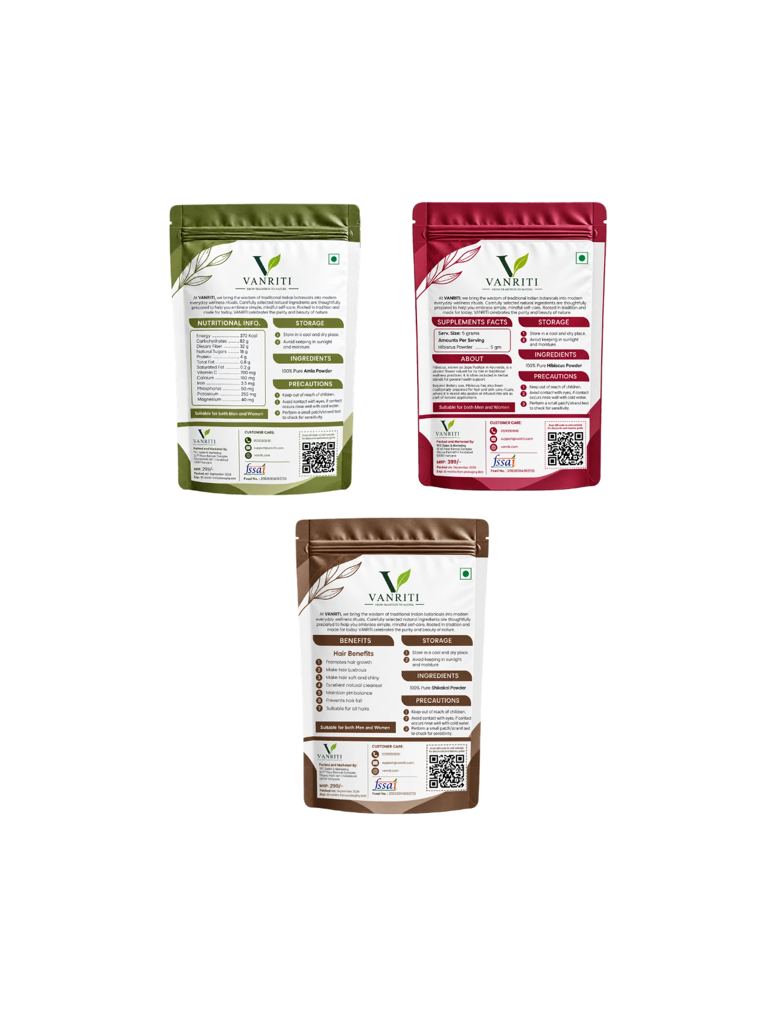 VANRITI Amla, Hibiscus and Shikakai Powder for Hair Cleansing & Hair Mask, 300g (Combo Pack of 3)