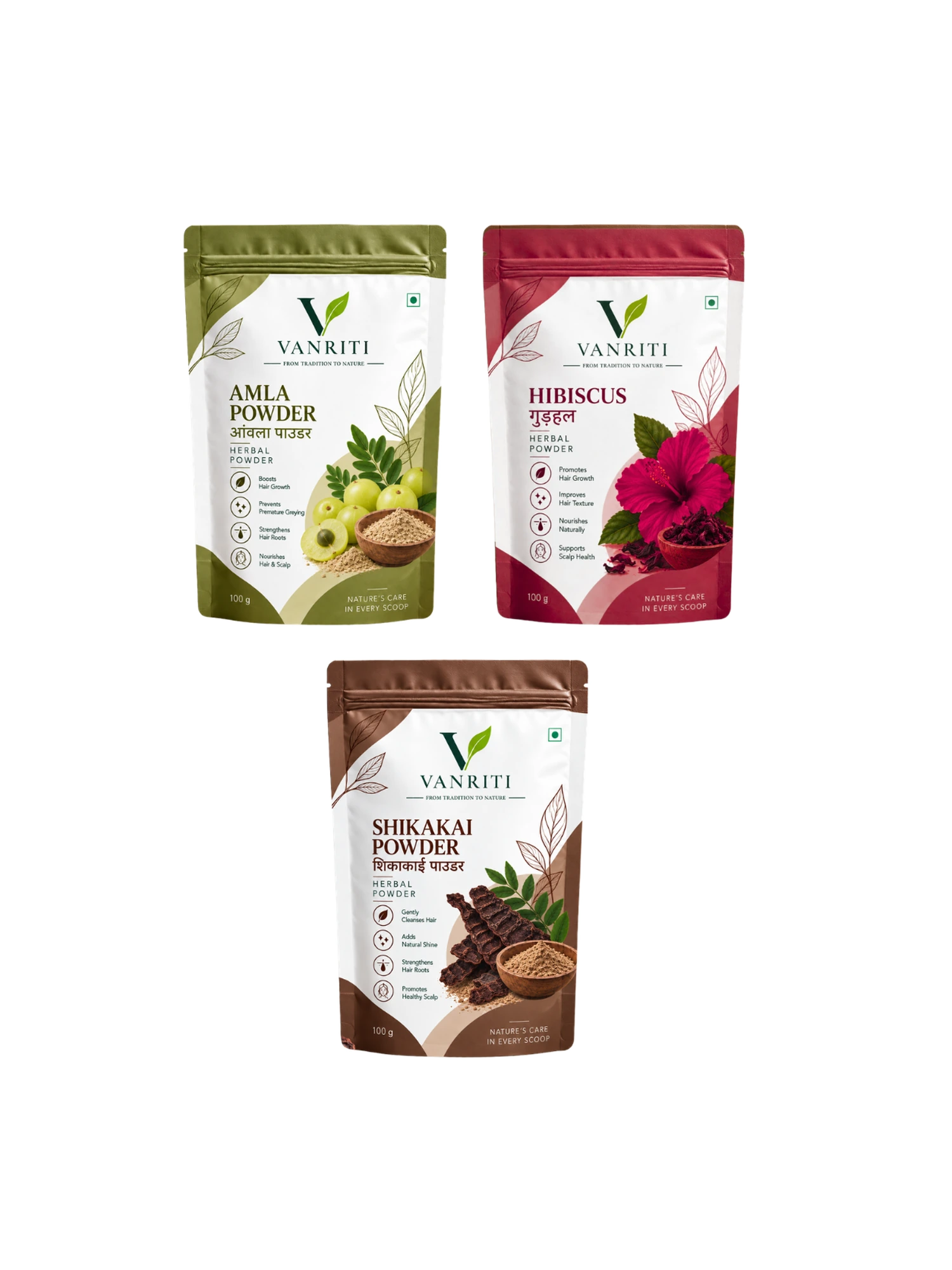 VANRITI Amla, Hibiscus and Shikakai Powder for Hair Cleansing & Hair Mask, 300g (Combo Pack of 3)