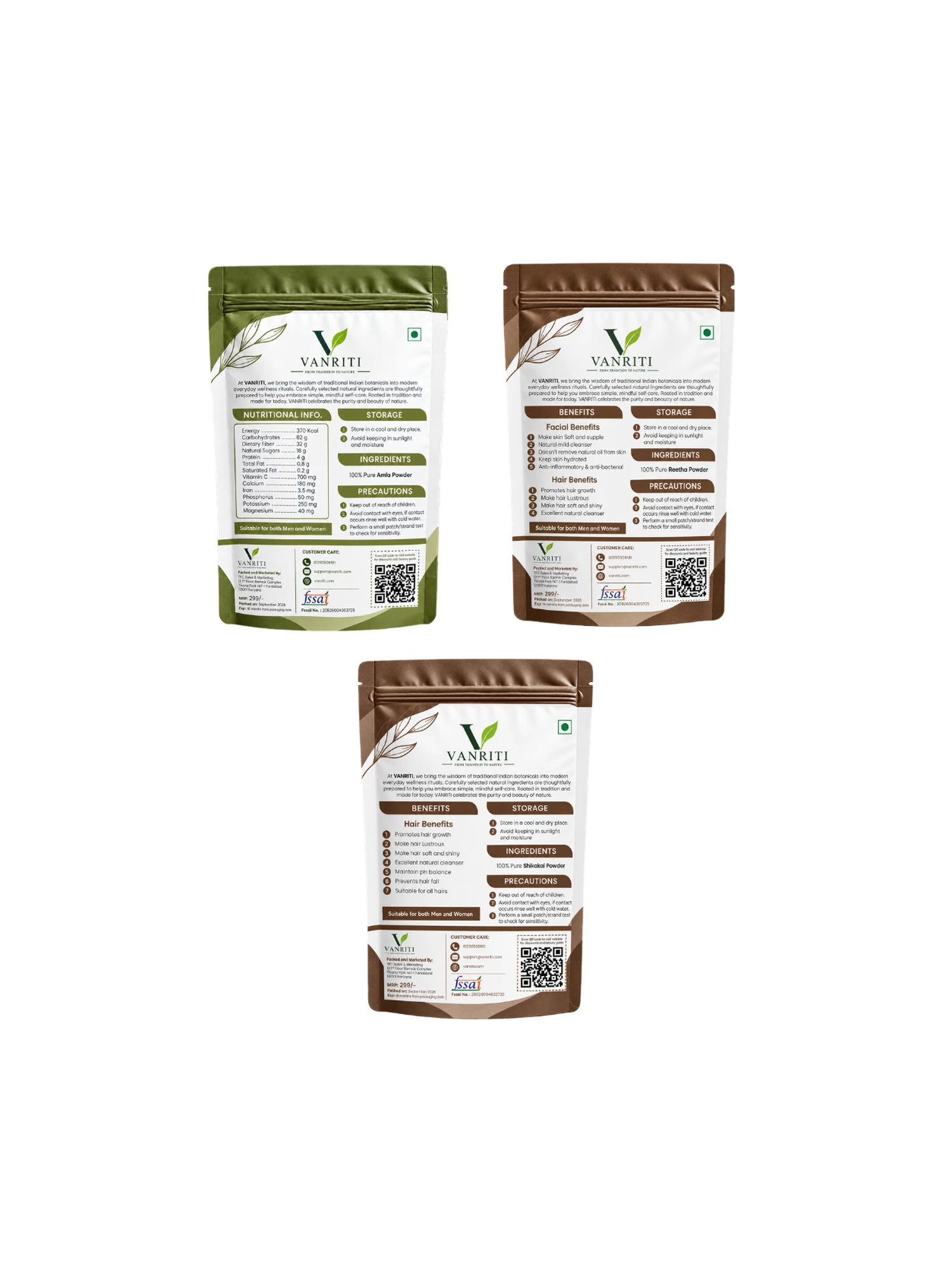 VANRITI Amla, Reetha and Shikakai Powder for Hair Cleansing & Hair Mask, 300g (Combo Pack of 3)