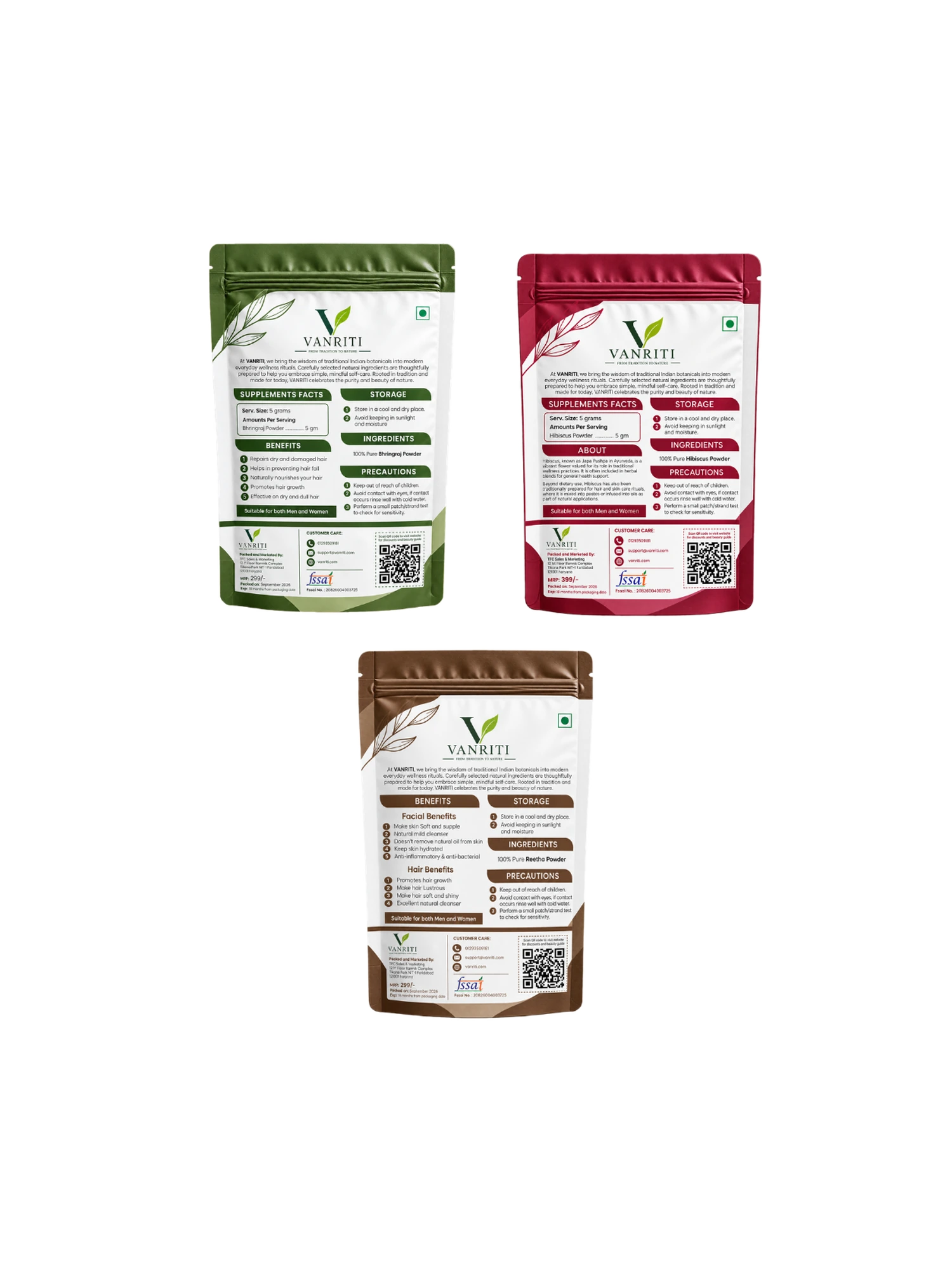 VANRITI Bhringraj, Hibiscus and Reetha Powder for Hair Cleansing & Hair Mask, 300g (Combo Pack of 3)