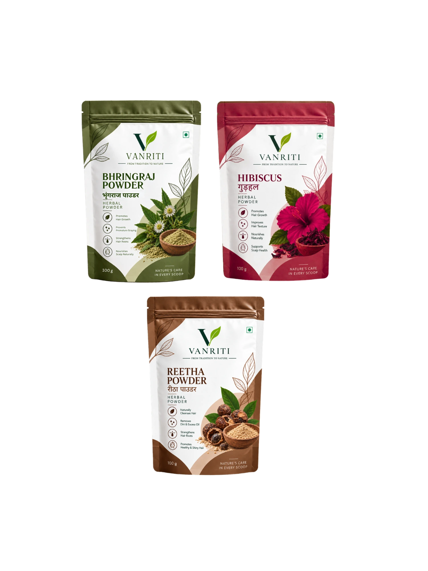 VANRITI Bhringraj, Hibiscus and Reetha Powder for Hair Cleansing & Hair Mask, 300g (Combo Pack of 3)