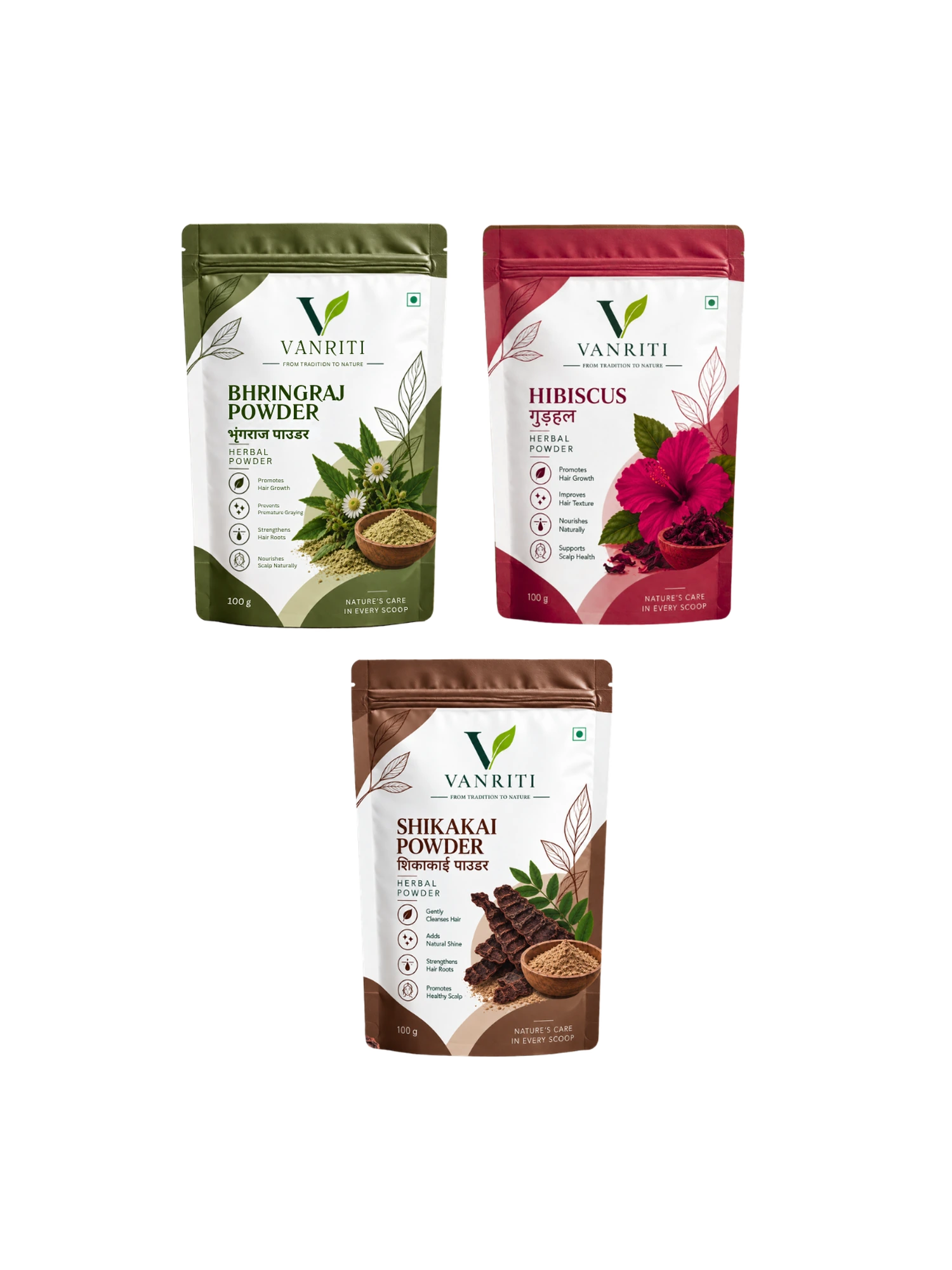 VANRITI Bhringraj, Hibiscus and Shikakai Powder for Hair Cleansing & Hair Mask, 300g (Combo Pack of 3)