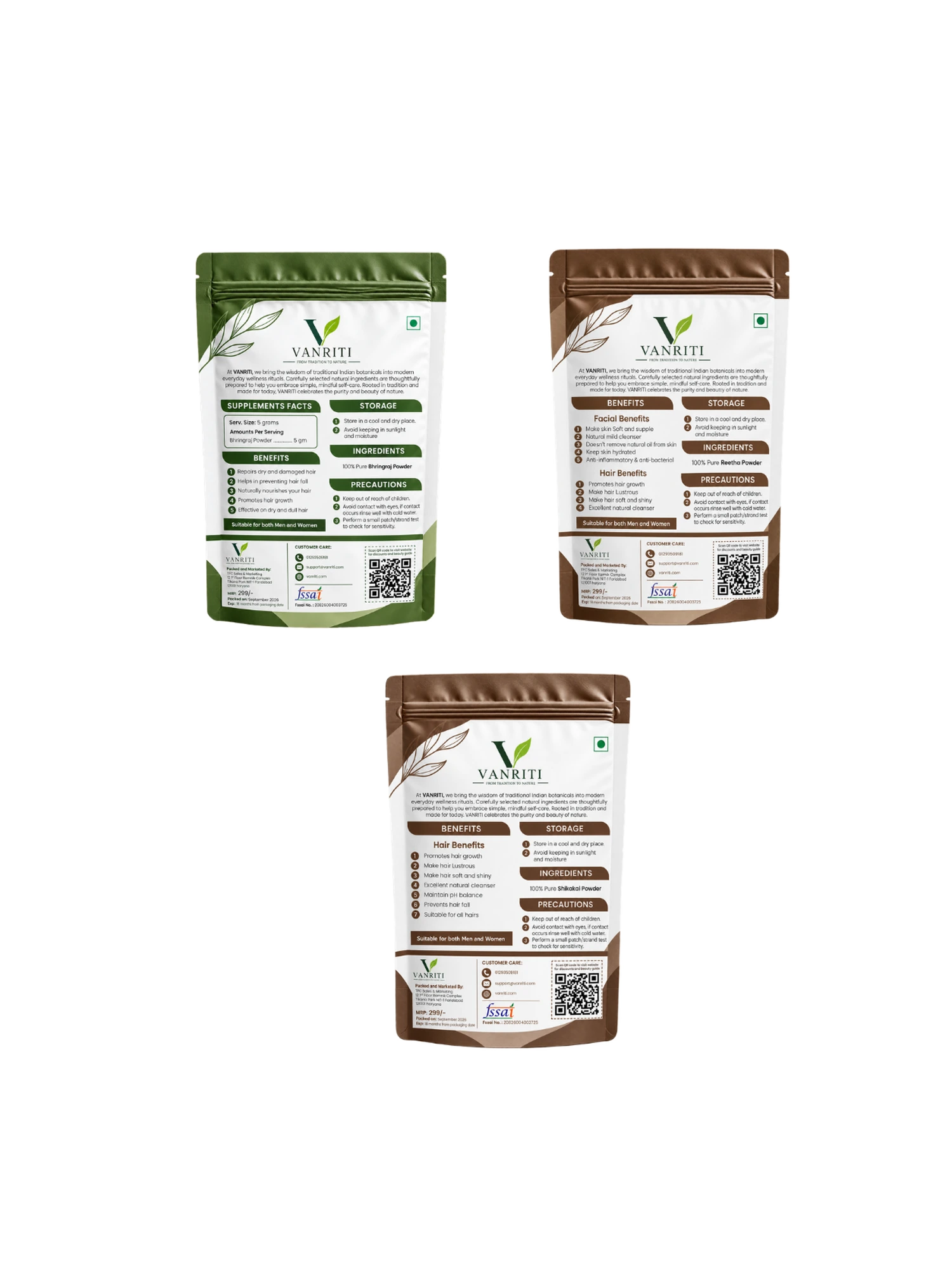 VANRITI Bhringraj, Reetha and Shikakai Powder for Hair Cleansing & Hair Mask, 300g (Combo Pack of 3)