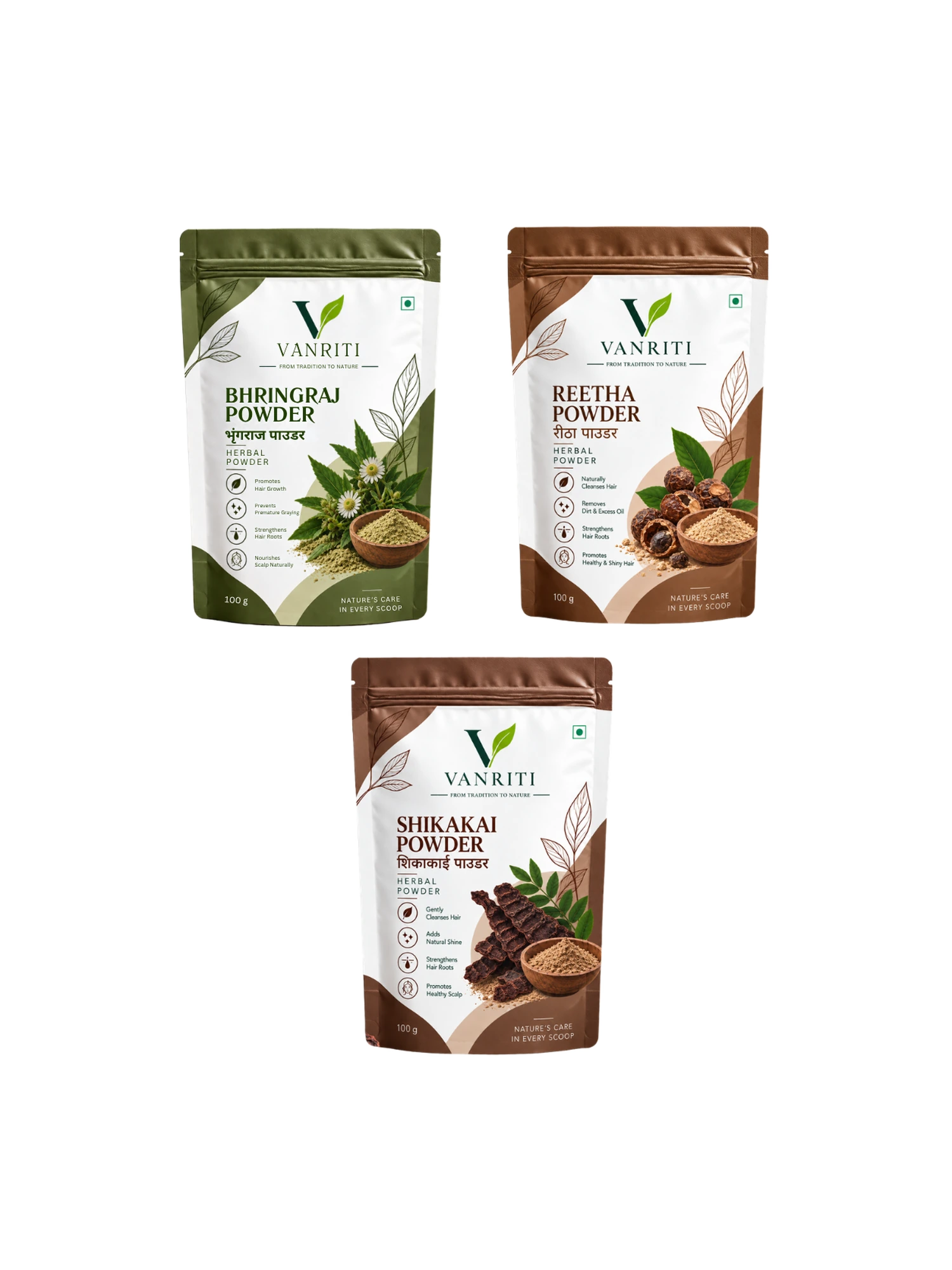 VANRITI Bhringraj, Reetha and Shikakai Powder for Hair Cleansing & Hair Mask, 300g (Combo Pack of 3)
