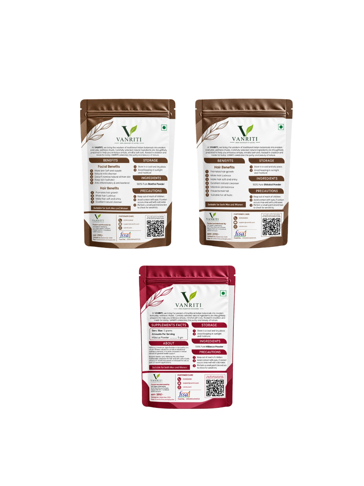 VANRITI Hibiscus, Reetha and Shikakai Powder for Hair Cleansing & Hair Mask, 300g (Combo Pack of 3)