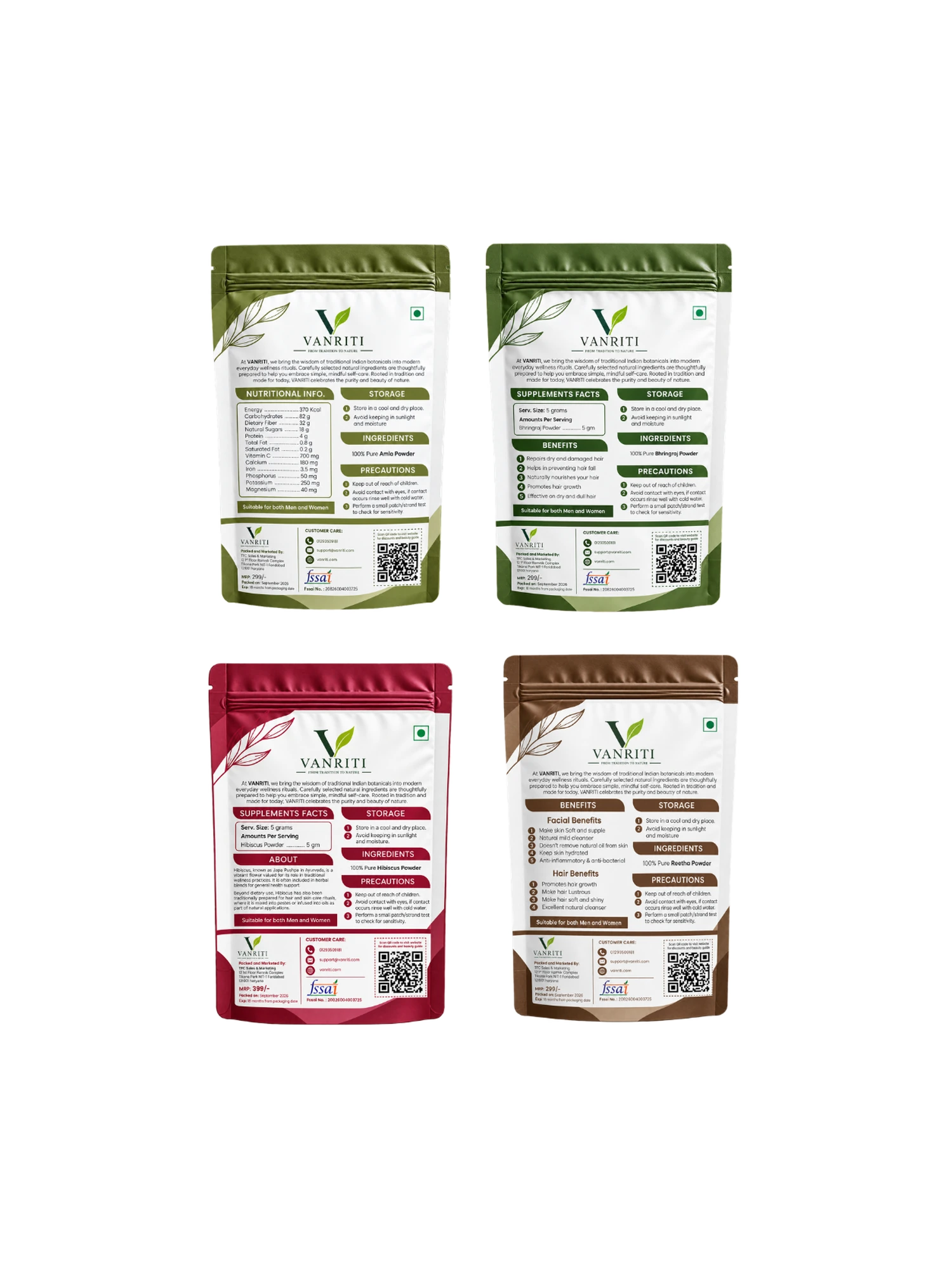 VANRITI Amla, Bhringraj, Hibiscus and Reetha Powder for Hair Cleansing & Hair Mask, 400g (Combo Pack of 4)