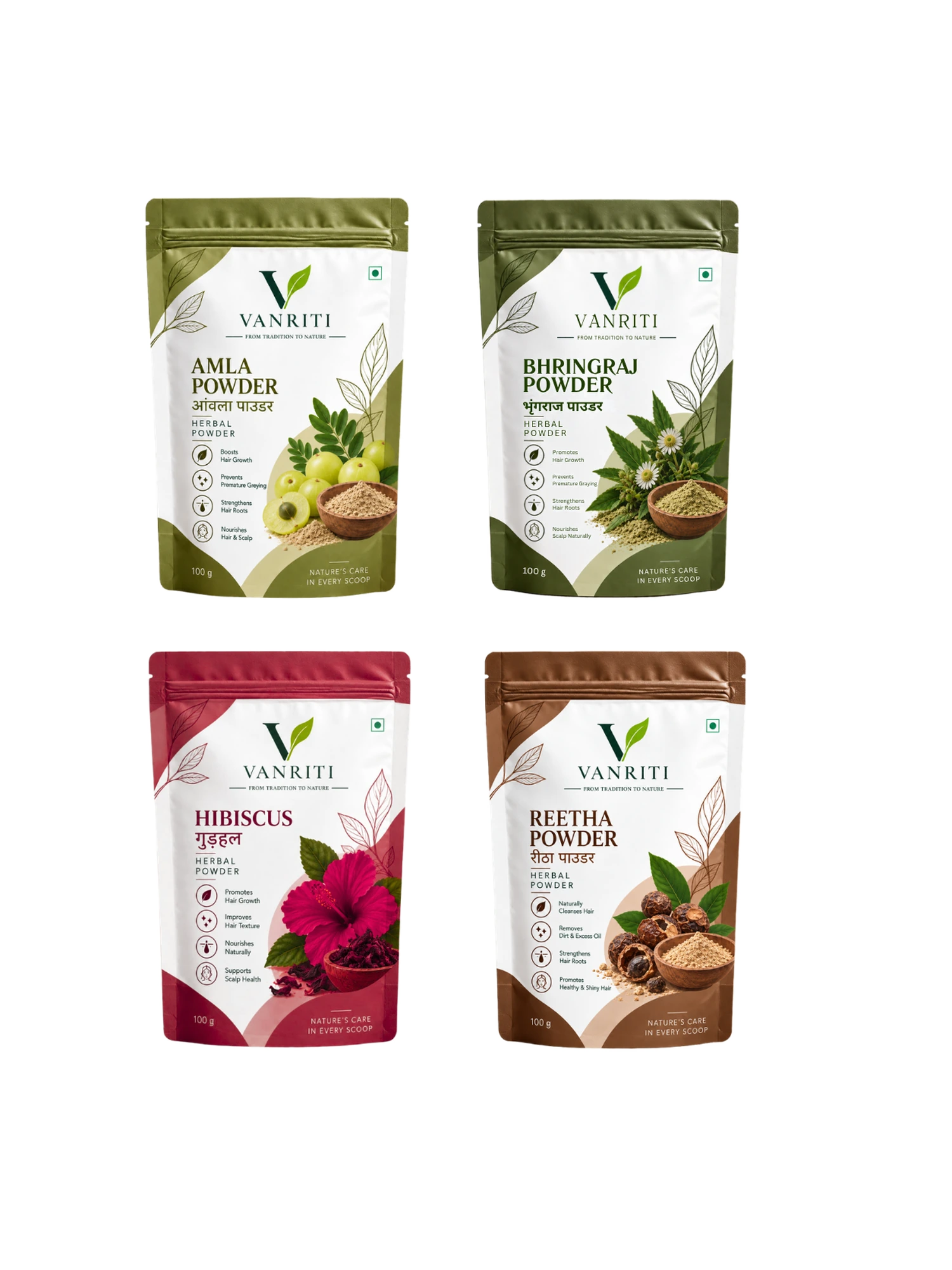 VANRITI Amla, Bhringraj, Hibiscus and Reetha Powder for Hair Cleansing & Hair Mask, 400g (Combo Pack of 4)
