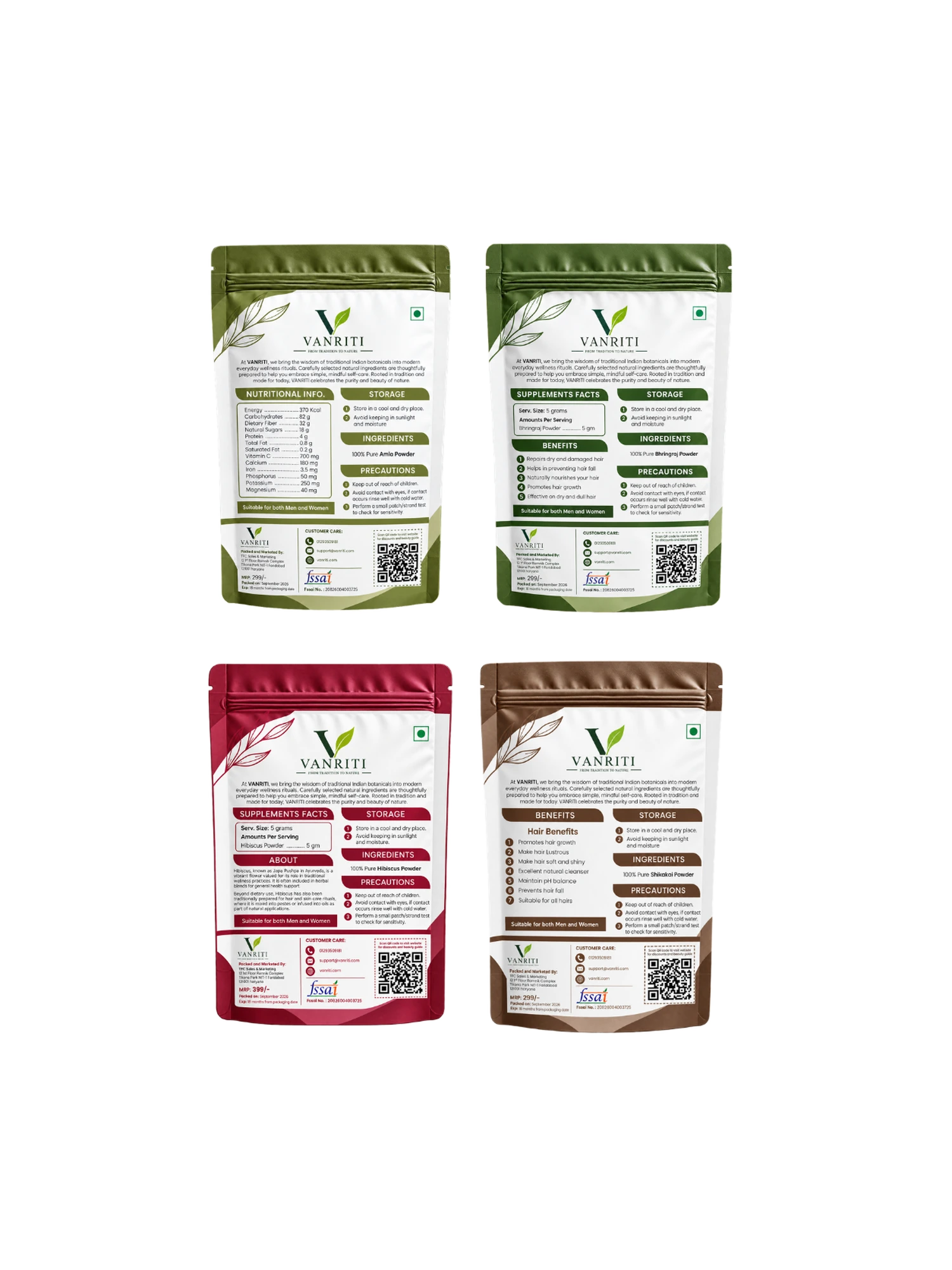 VANRITI Amla, Bhringraj, Hibiscus and Shikakai Powder for Hair Cleansing & Hair Mask, 400g (Combo Pack of 4)
