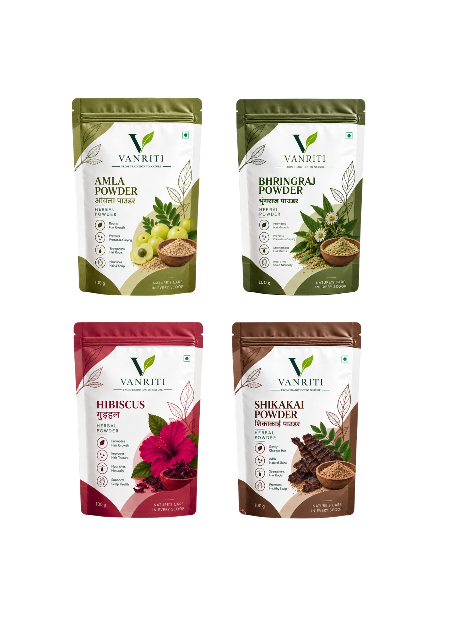 VANRITI Amla, Bhringraj, Hibiscus and Shikakai Powder for Hair Cleansing & Hair Mask, 400g (Combo Pack of 4)
