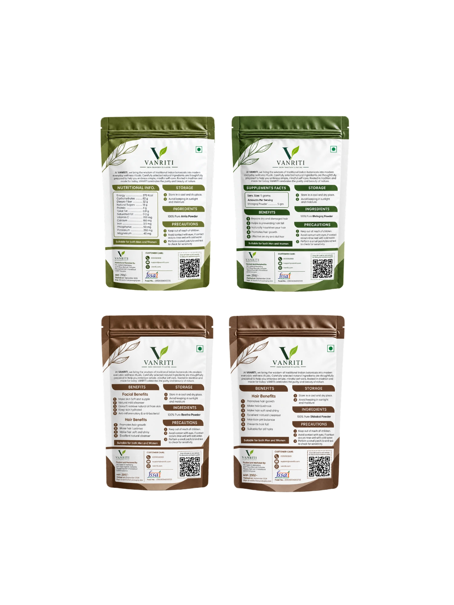 VANRITI Amla, Bhringraj, Reetha and Shikakai Powder for Hair Cleansing & Hair Mask, 400g (Combo Pack of 4)