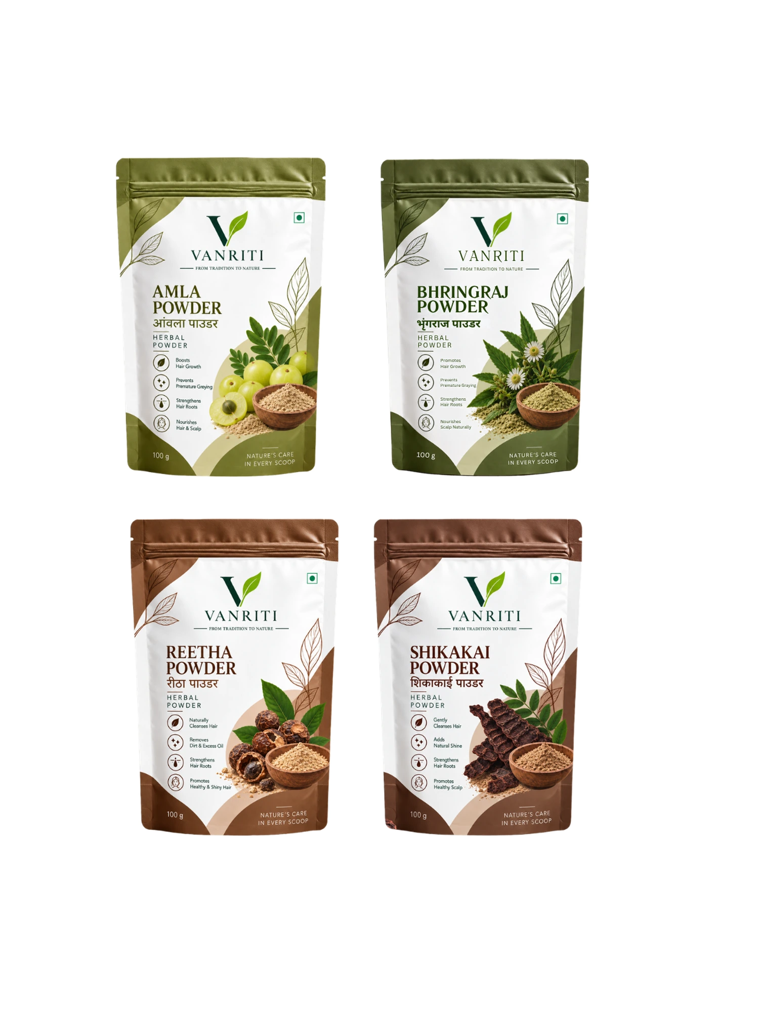 VANRITI Amla, Bhringraj, Reetha and Shikakai Powder for Hair Cleansing & Hair Mask, 400g (Combo Pack of 4)