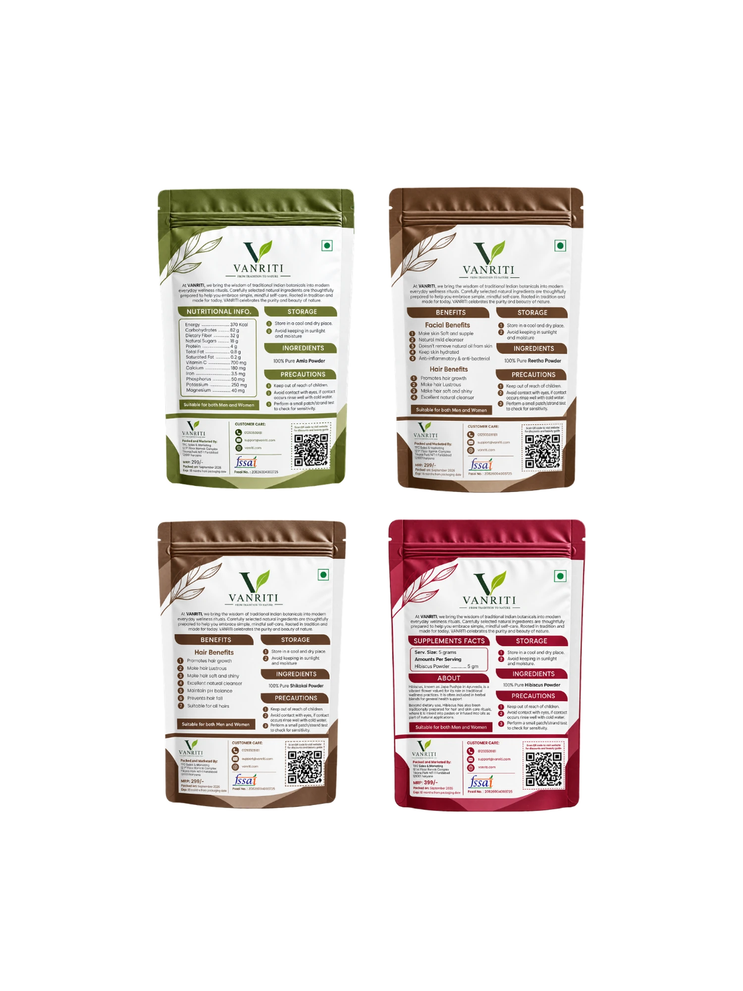 VANRITI Amla, Hibiscus, Reetha and Shikakai Powder for Hair Cleansing & Hair Mask, 400g (Combo Pack of 4)