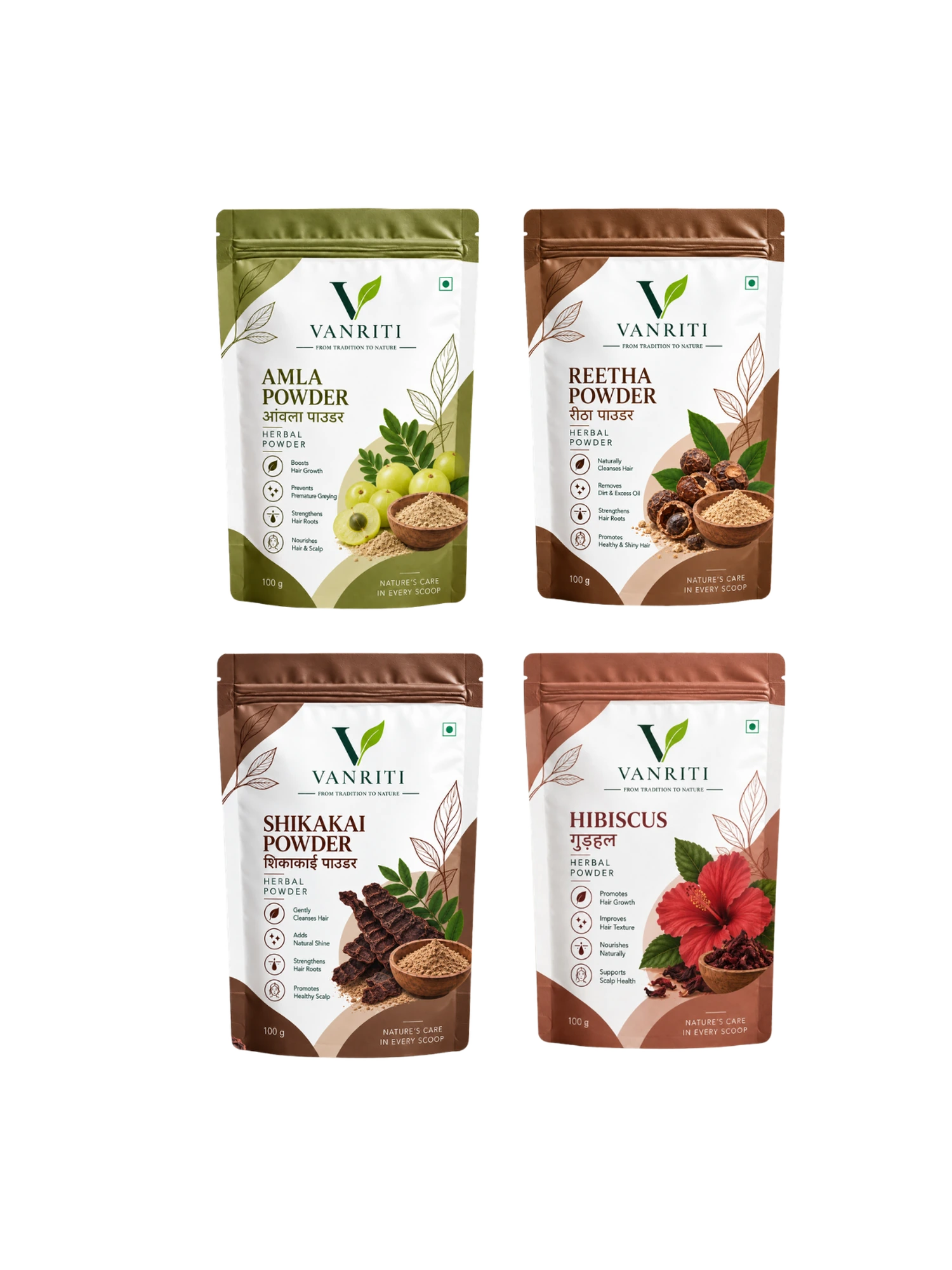 VANRITI Amla, Hibiscus, Reetha and Shikakai Powder for Hair Cleansing & Hair Mask, 400g (Combo Pack of 4)