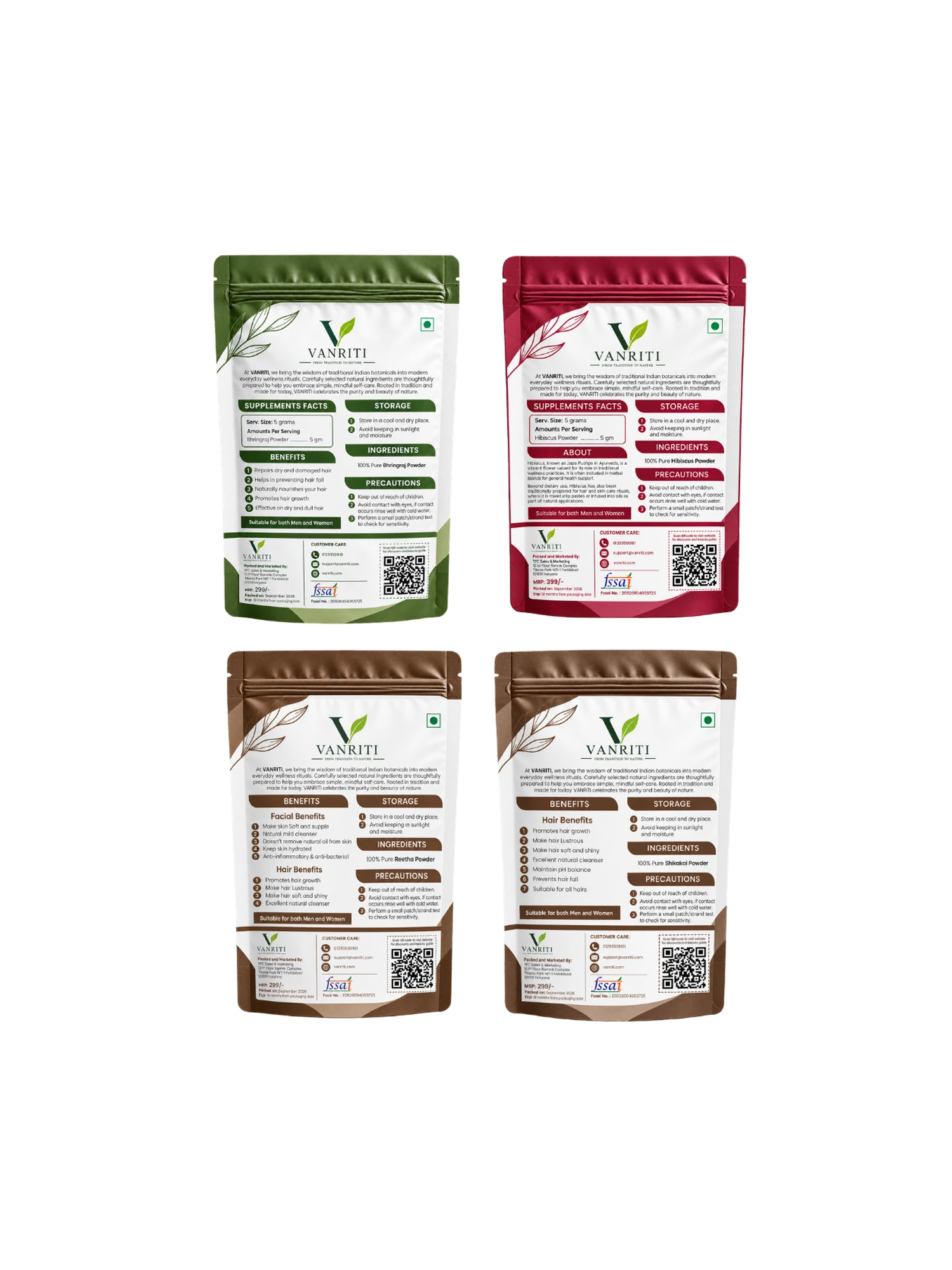 VANRITI Bhringraj, Hibiscus, Reetha and Shikakai Powder for Hair Cleansing & Hair Mask, 400g (Combo Pack of 4)