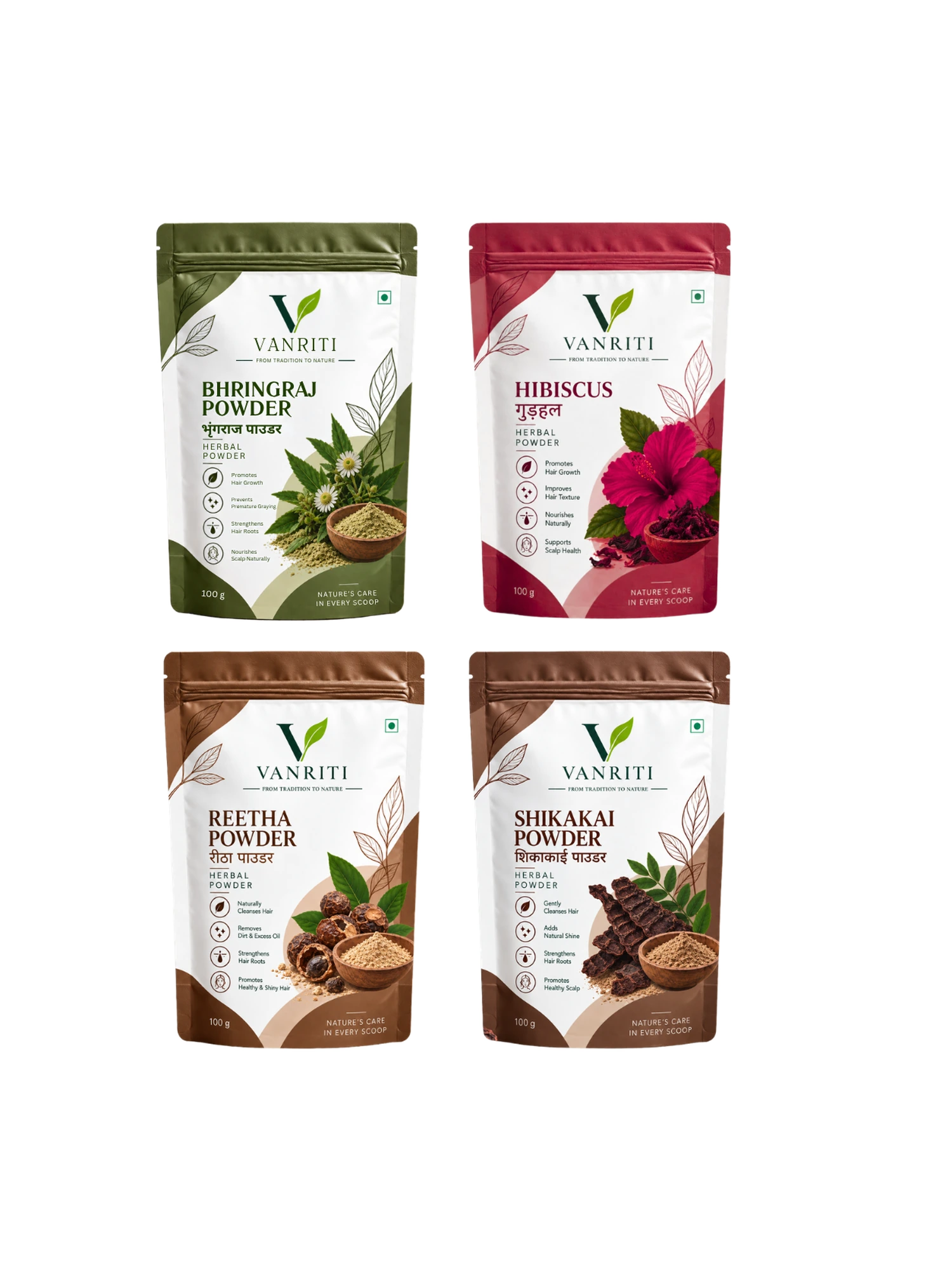 VANRITI Bhringraj, Hibiscus, Reetha and Shikakai Powder for Hair Cleansing & Hair Mask, 400g (Combo Pack of 4)