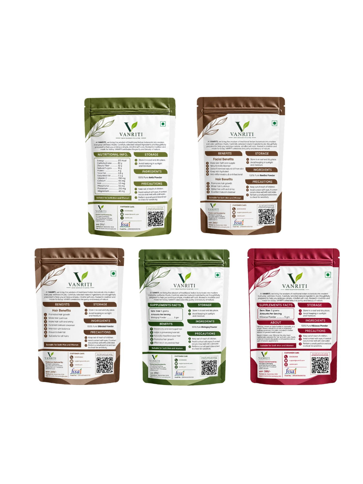 VANRITI Amla, Bhringraj, Reetha, Shikakai and Hibiscus Powder for Hair Cleansing & Hair Mask, 500g (Combo Pack of 5)