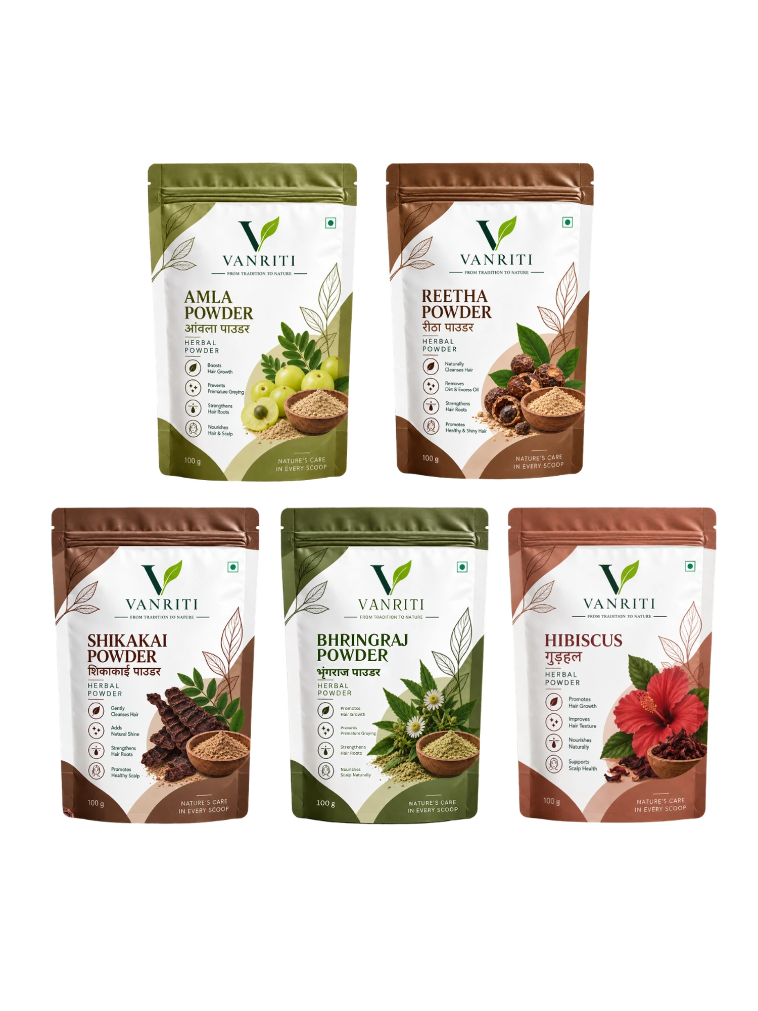 VANRITI Amla, Bhringraj, Reetha, Shikakai and Hibiscus Powder for Hair Cleansing & Hair Mask, 500g (Combo Pack of 5)
