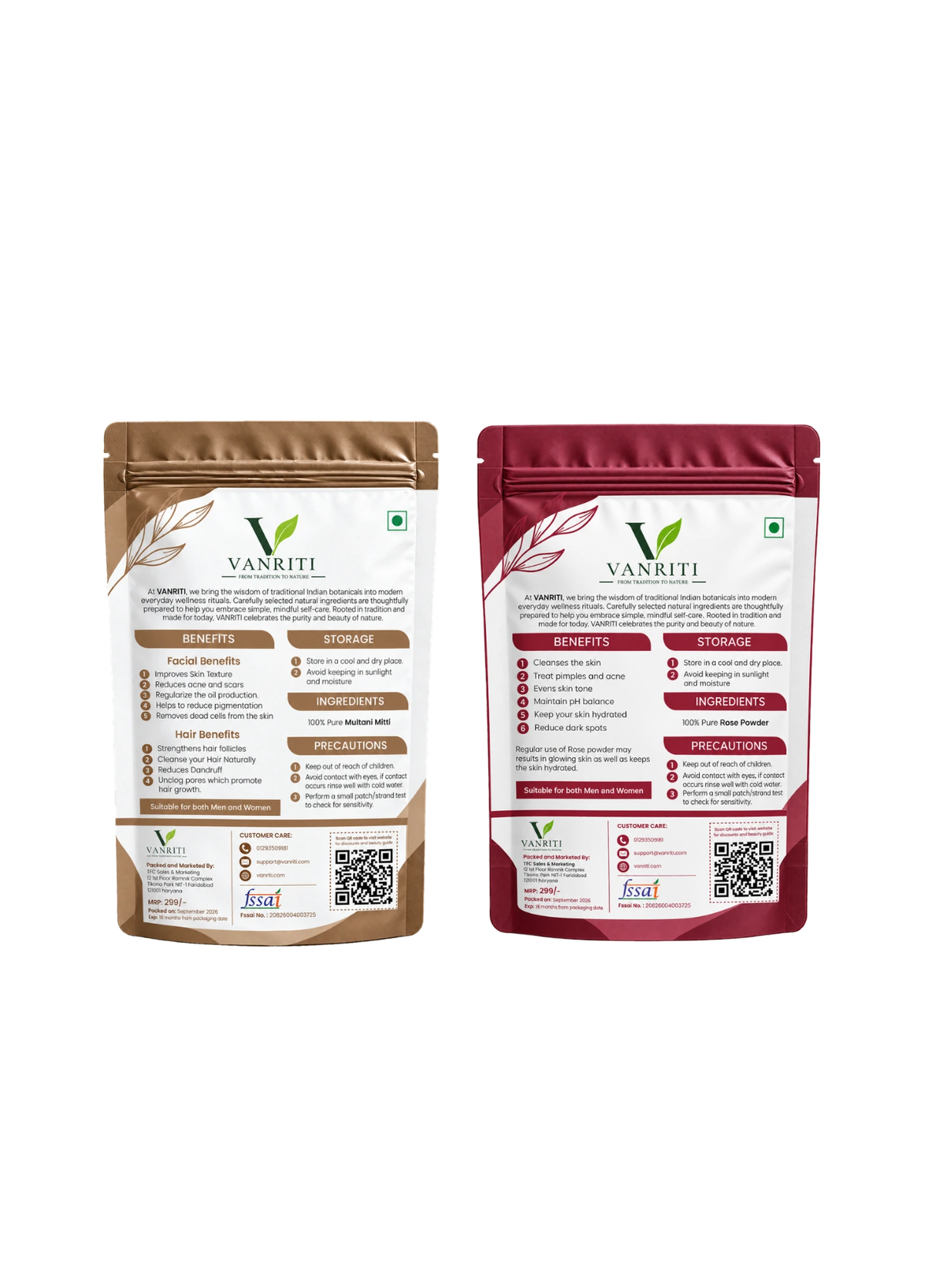 VANRITI Multani Mitti and Rose Powder for Face Pack & Skin Care, 200g (Combo Pack of 2)
