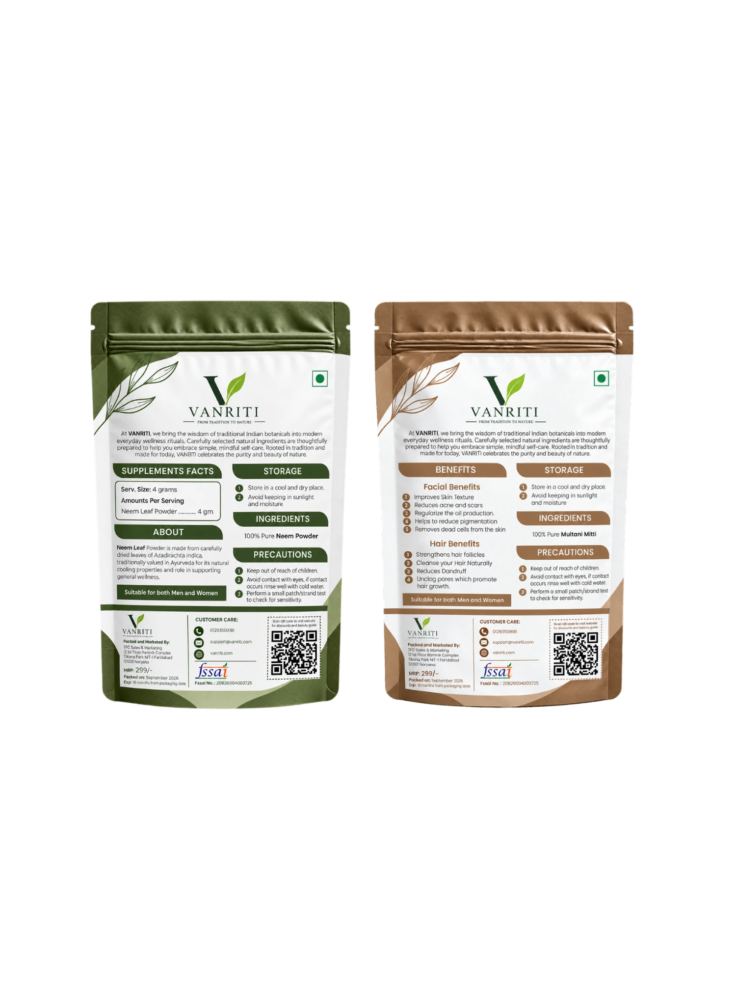 VANRITI Multani Mitti and Neem Powder for Face Pack & Skin Care, 200g (Combo Pack of 2)