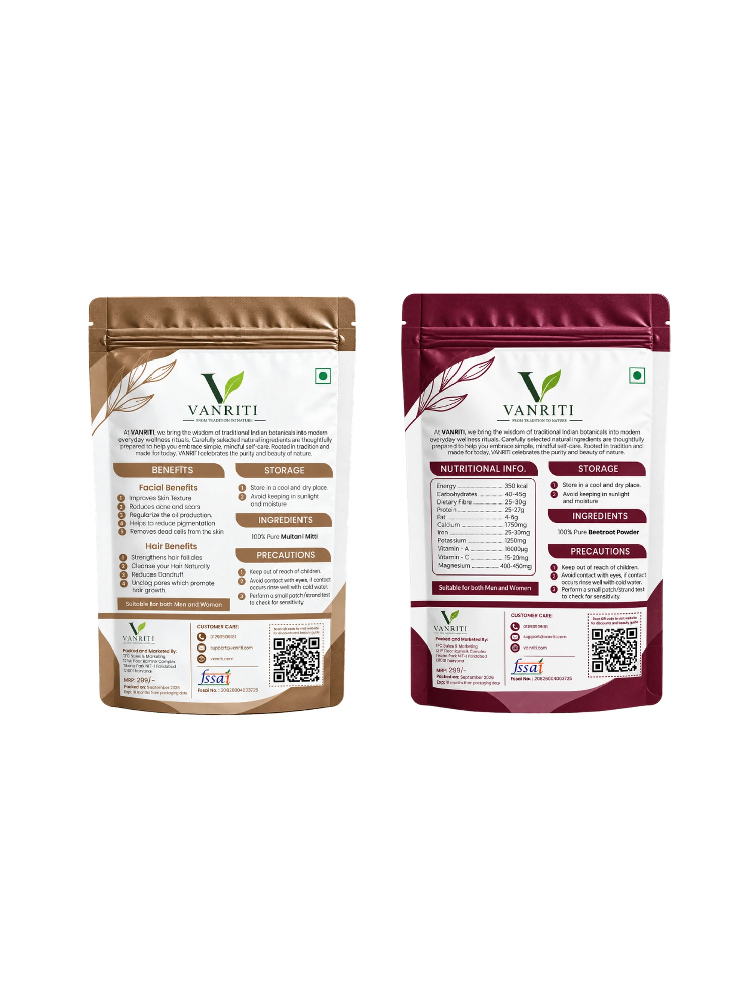 VANRITI Multani Mitti and Beetroot Powder for Face Pack & Skin Care, 200g (Combo Pack of 2)