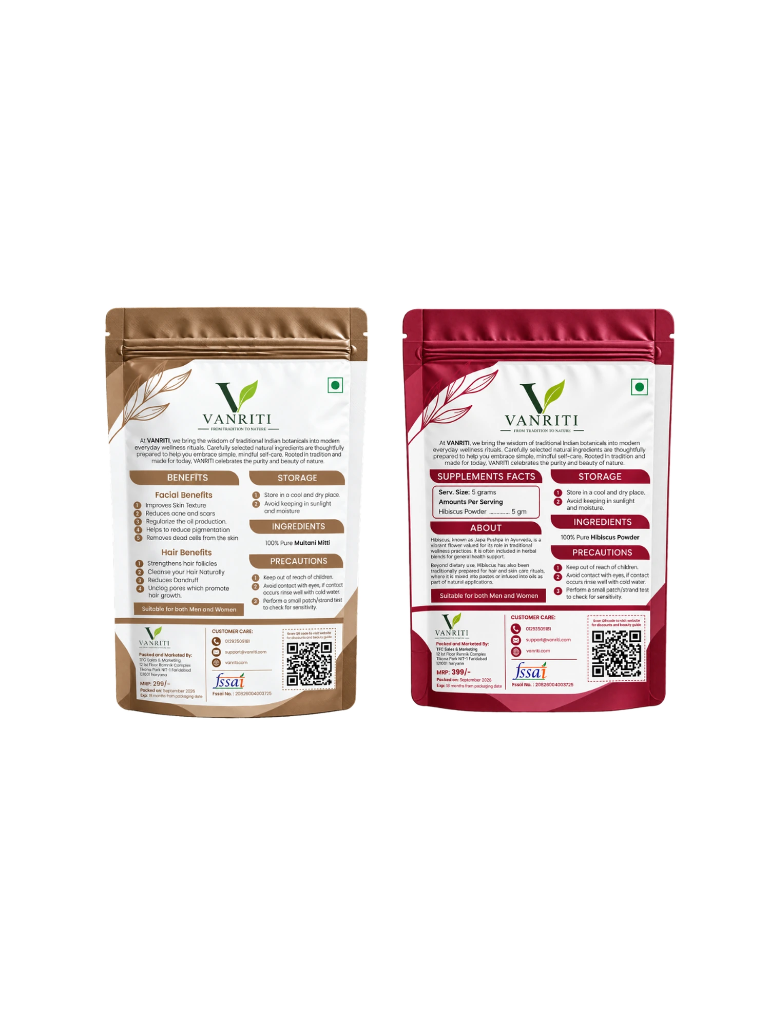 VANRITI Multani Mitti and Hibiscus Powder for Face Pack & Skin Care, 200g (Combo Pack of 2)