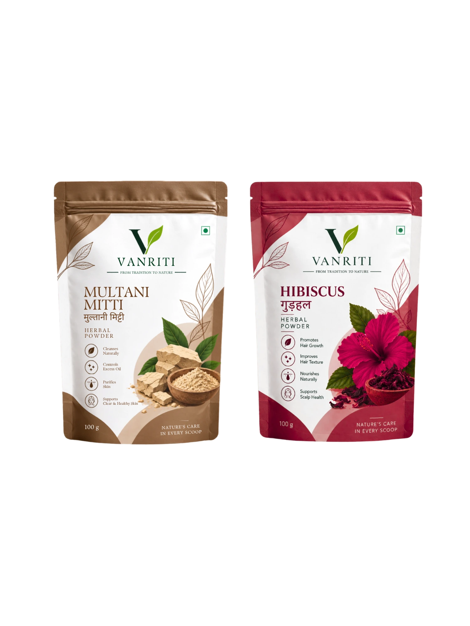 VANRITI Multani Mitti and Hibiscus Powder for Face Pack & Skin Care, 200g (Combo Pack of 2)