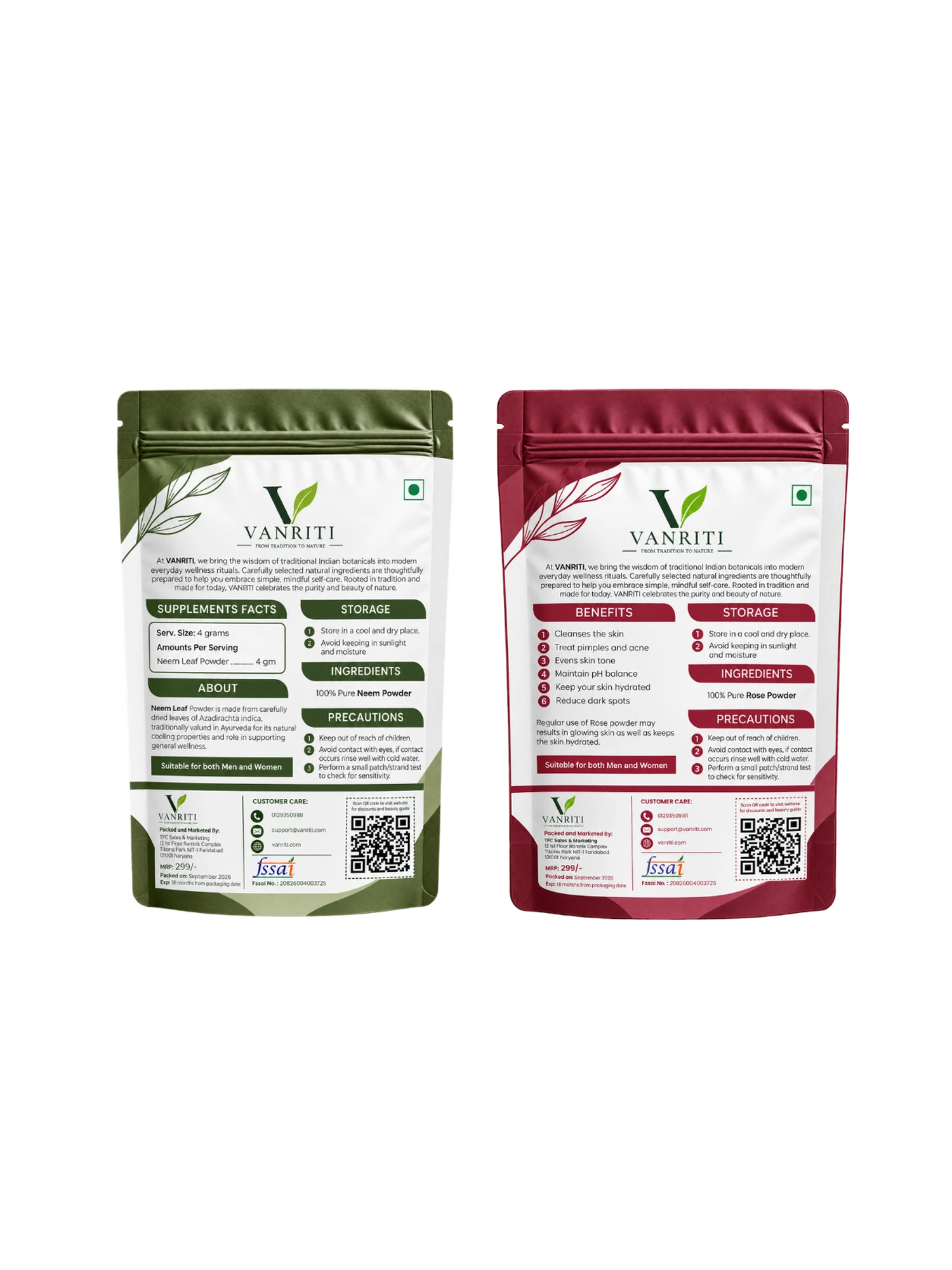 VANRITI Rose and Neem Powder for Face Pack & Skin Care, 200g (Combo Pack of 2)